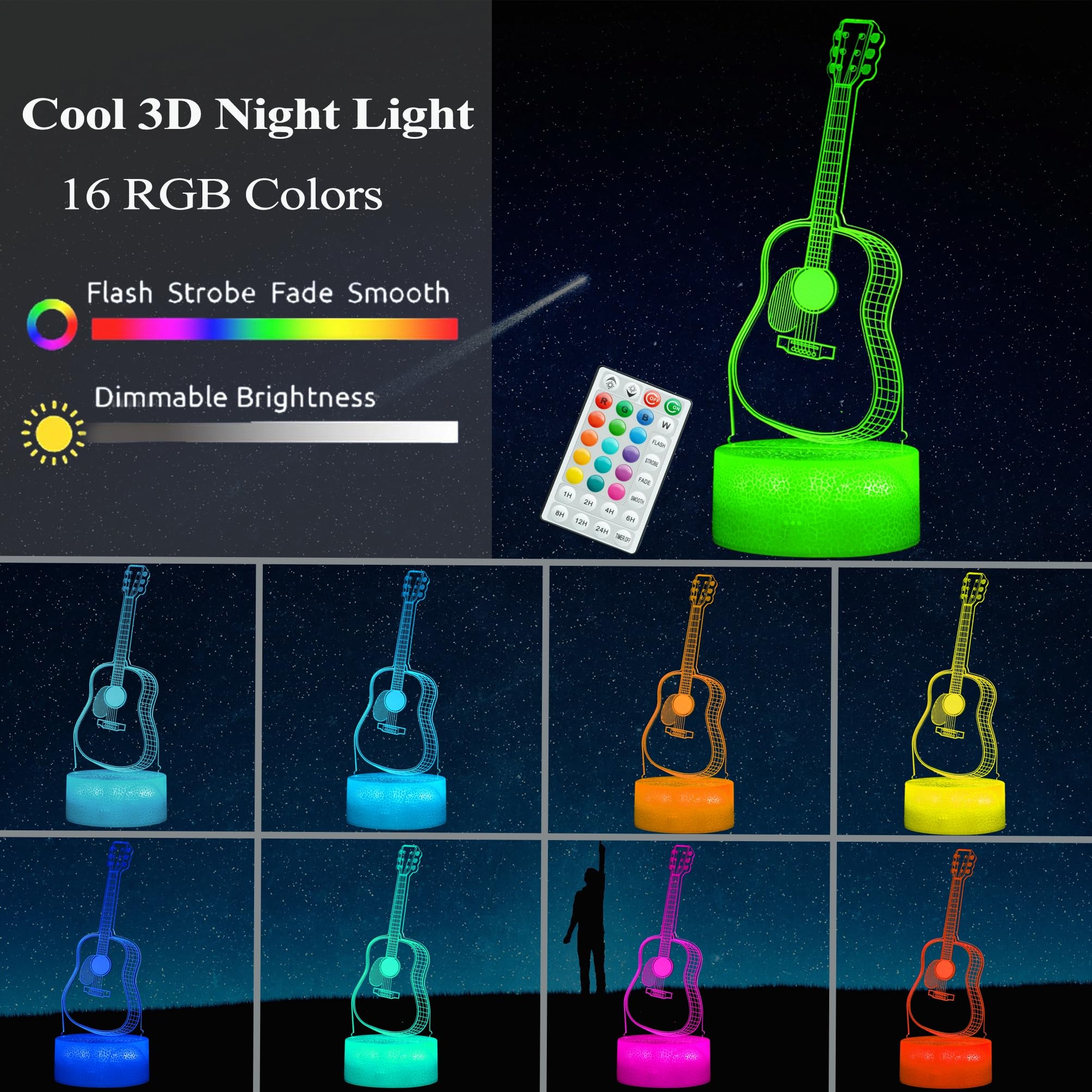 Posshe Guitar Night Light  Guitar Gifts  3D Illusion Night Light With 16 Colors Changing  Remote Control With Timer  Kids Room Decoration For Holiday Birthday Christmas