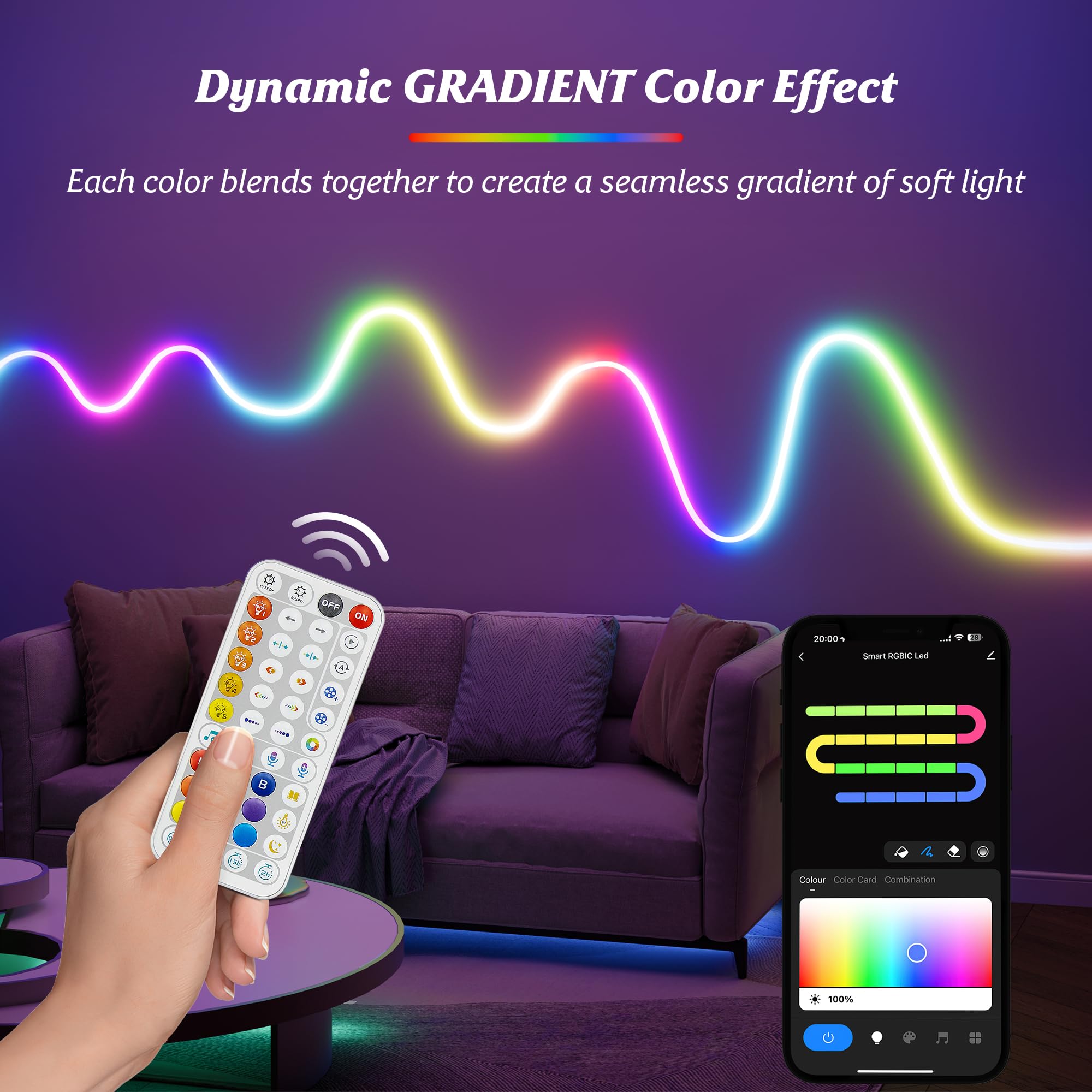 Galgreen Smart LED Neon Rope Lights, 16.4ft RGBIC Waterproof Strip, Music Sync, Compatible with Alexa, Flexible DIY Indoor Lighting