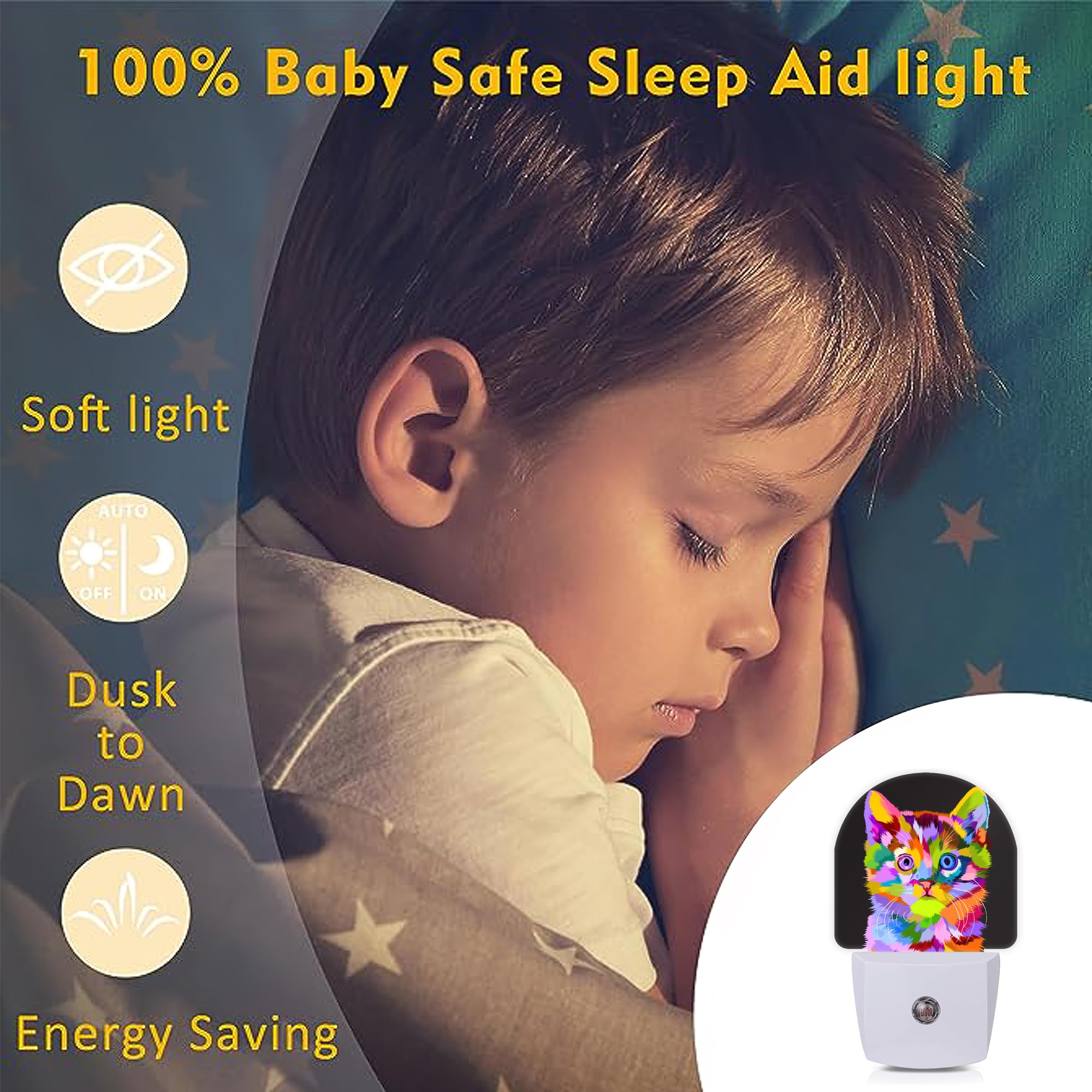 Axxitude Colorful Cute Cat Night Lights Plug Into Wall For Girls Boys Room,Night Light Led Lamp Dusk To Dawn Sensor Round Lamp F