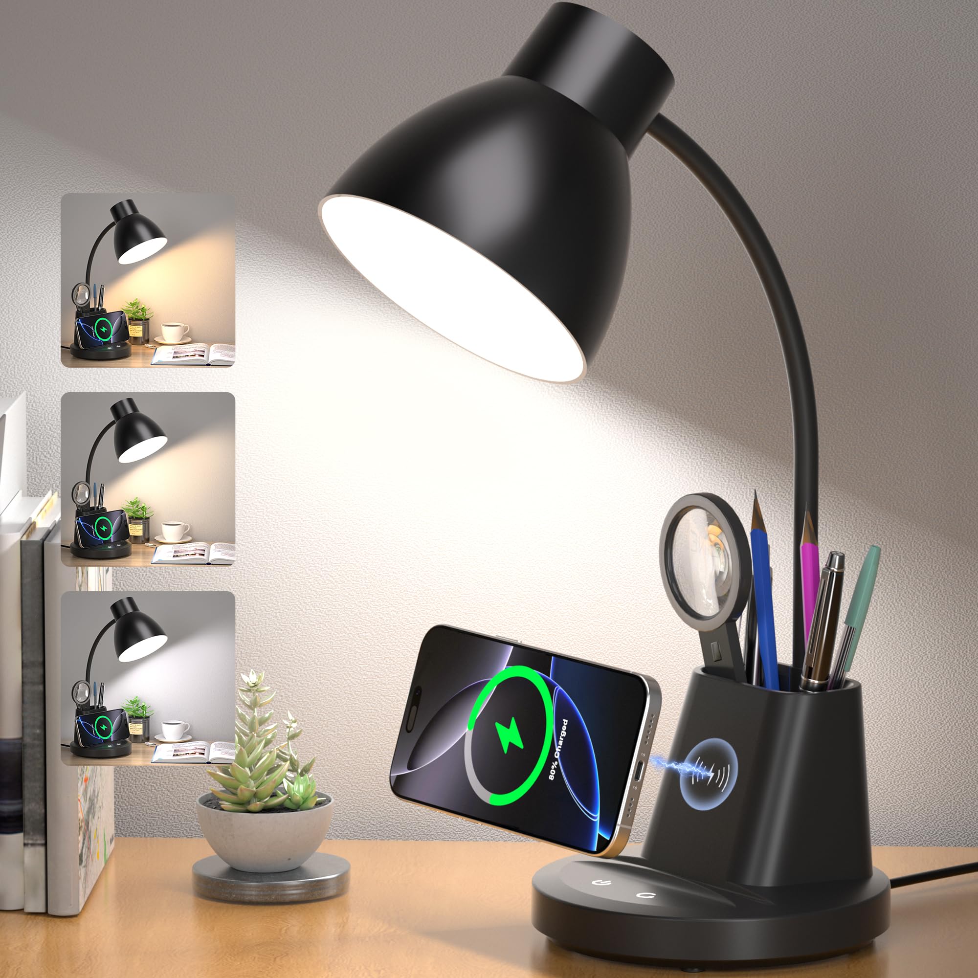 Sailstar Desk Lamp for Home Office, 10W Wireless Charging, Eye-Caring LED Desk Light, CRI 95+ 3 Color Modes Stepless Dimming Pen