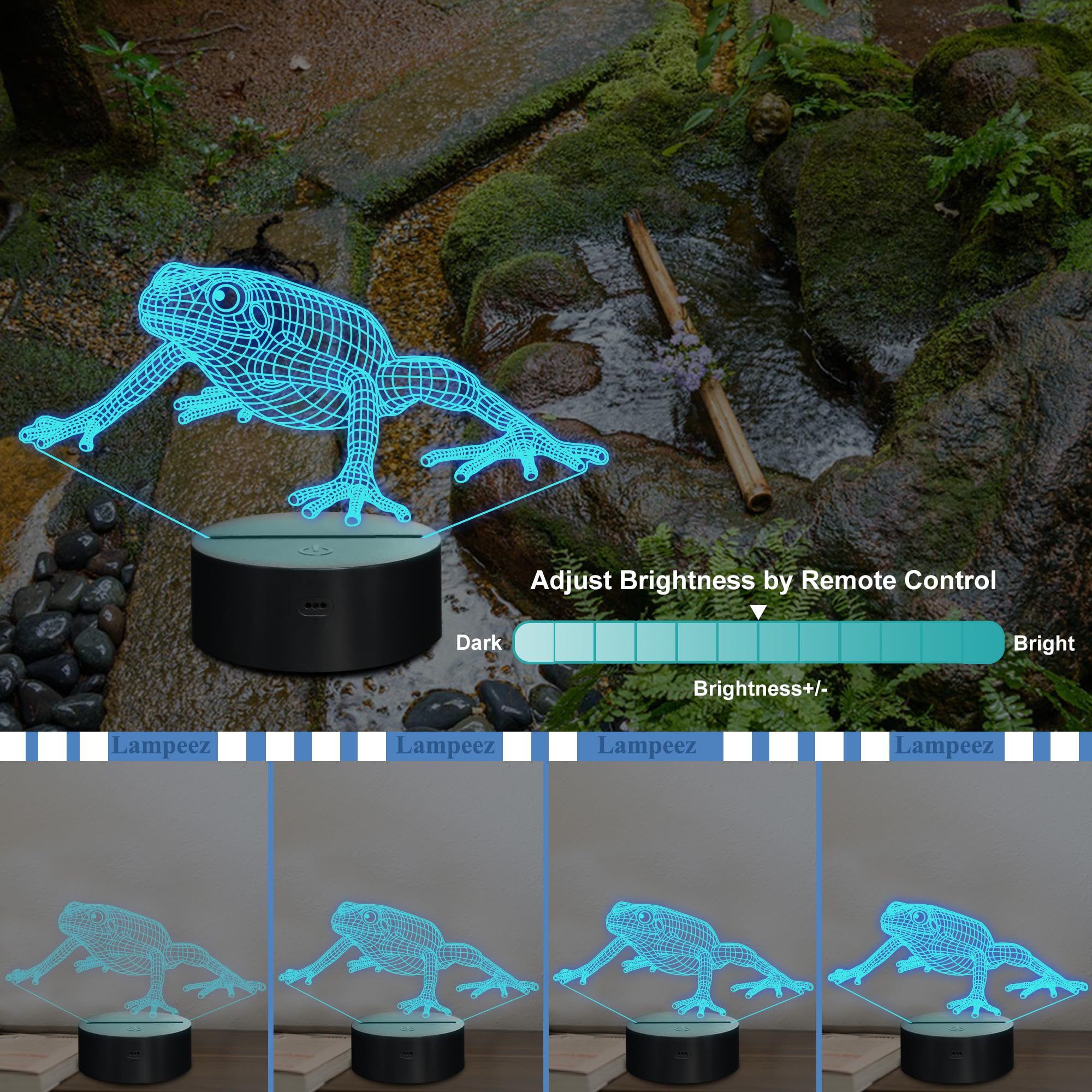 Lampeez Frog 3D Night Light - Green Optical Illusion Lamp with Remote Control, 16 Colors - Perfect Gift for Kids, Model DL-LPZ
