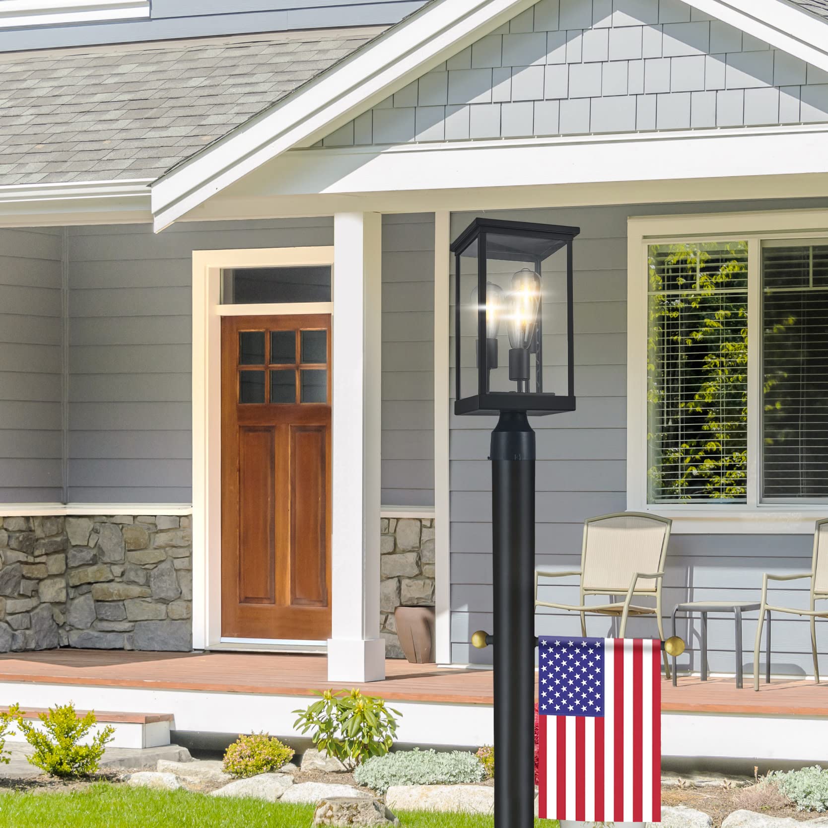 Design House Mayfield Post Light, Includes Lamp Post, 3-Light, Clear Glass, Weather Resistant, Matte Black, 7.63 in x 7.63 in x