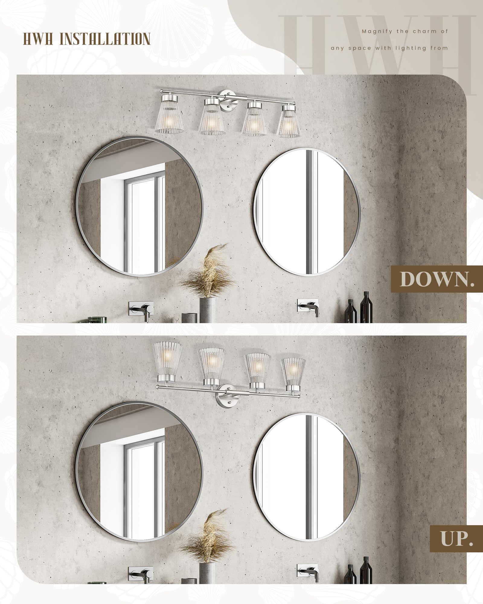 4-Light Bathroom Vanity Light Fixtures  Hwh Brushed Nickel Bathroom Vanity Lighting Modern Vanity Light Over Mirror With Clear Striped Glass Shade  5Hzg97B-4W Bn