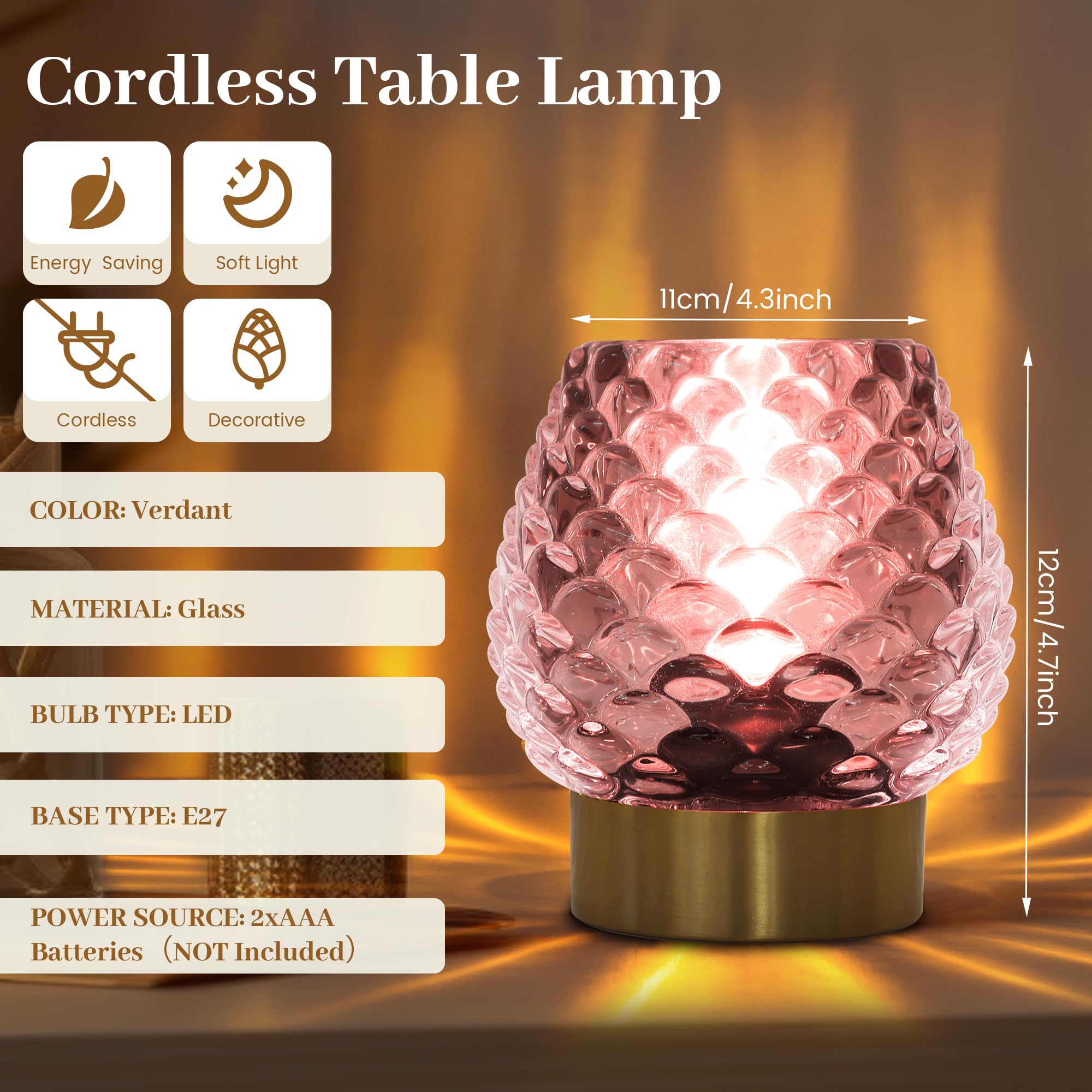 Cycodo Small Battery Operated Lamp With Timer,Cordless Glass Battery Powered Lamp With Led Bulb,Decorative Lamp For Small Spaces