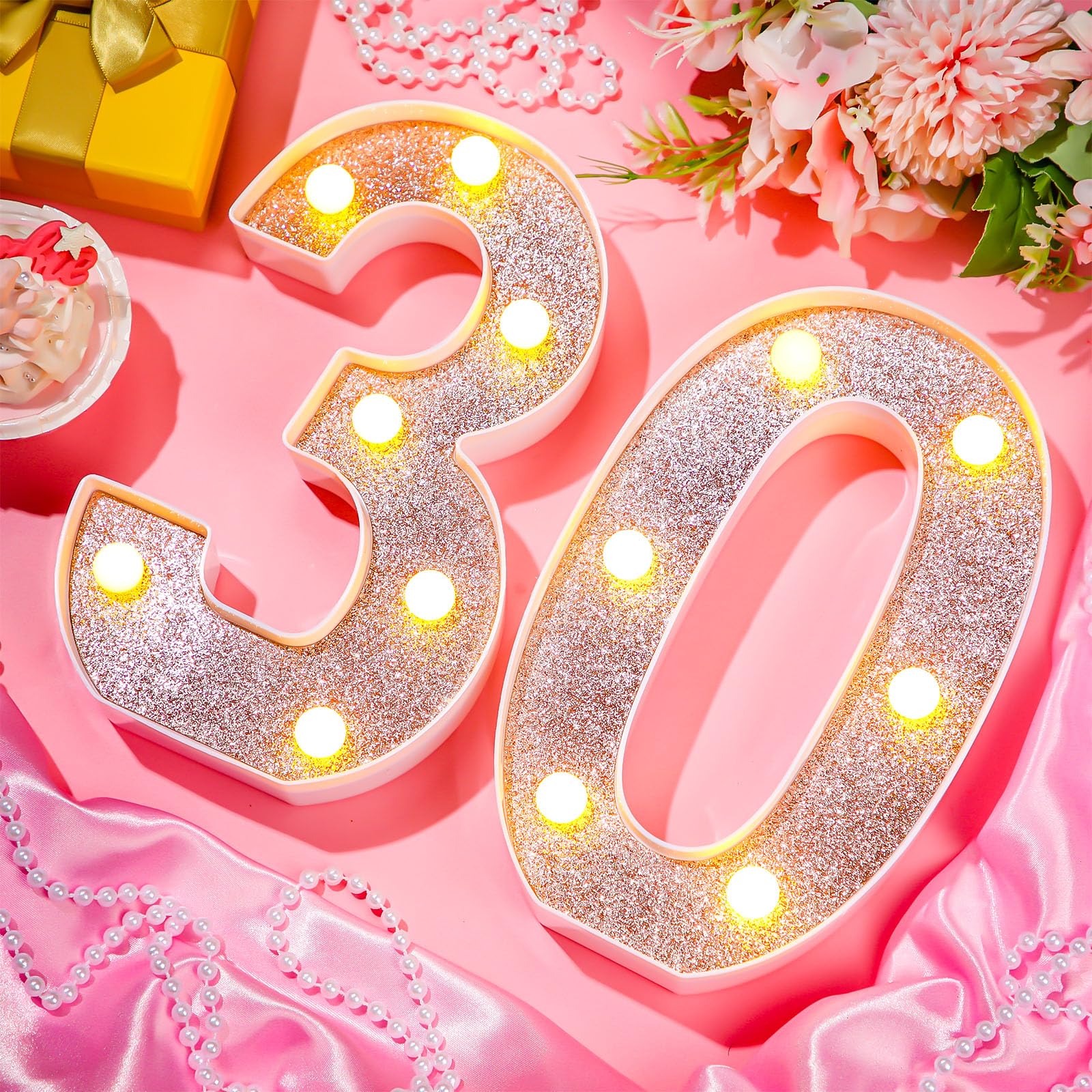 Treela LED Number Sign, 8.7in  Glitter Marquee for Birthday Party, 30th Size, Rose Gold, PP Material