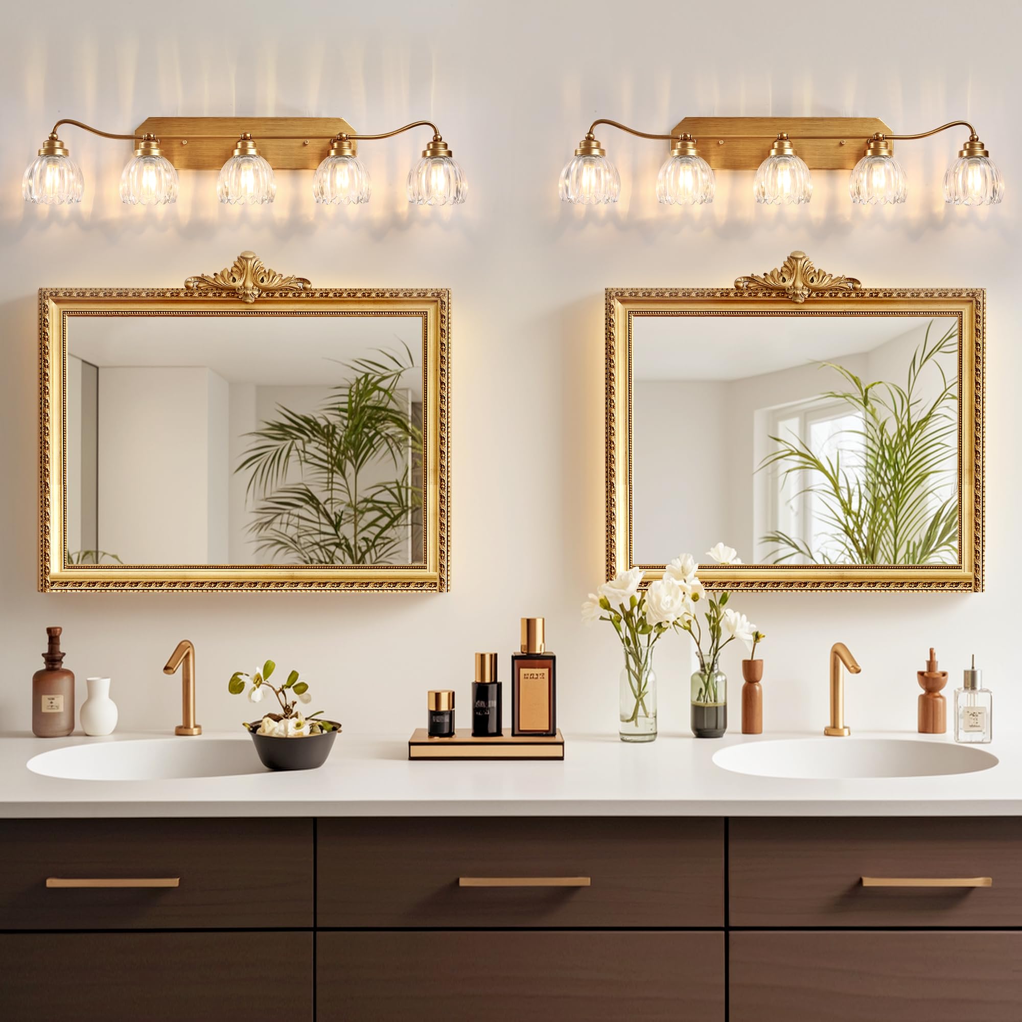 CmnVmn Vintage Bathroom Light Fixtures, 5-Light Gold Vanity Light with Crystal Glass Shade, Matte Antique Brass Finish, Model C5016