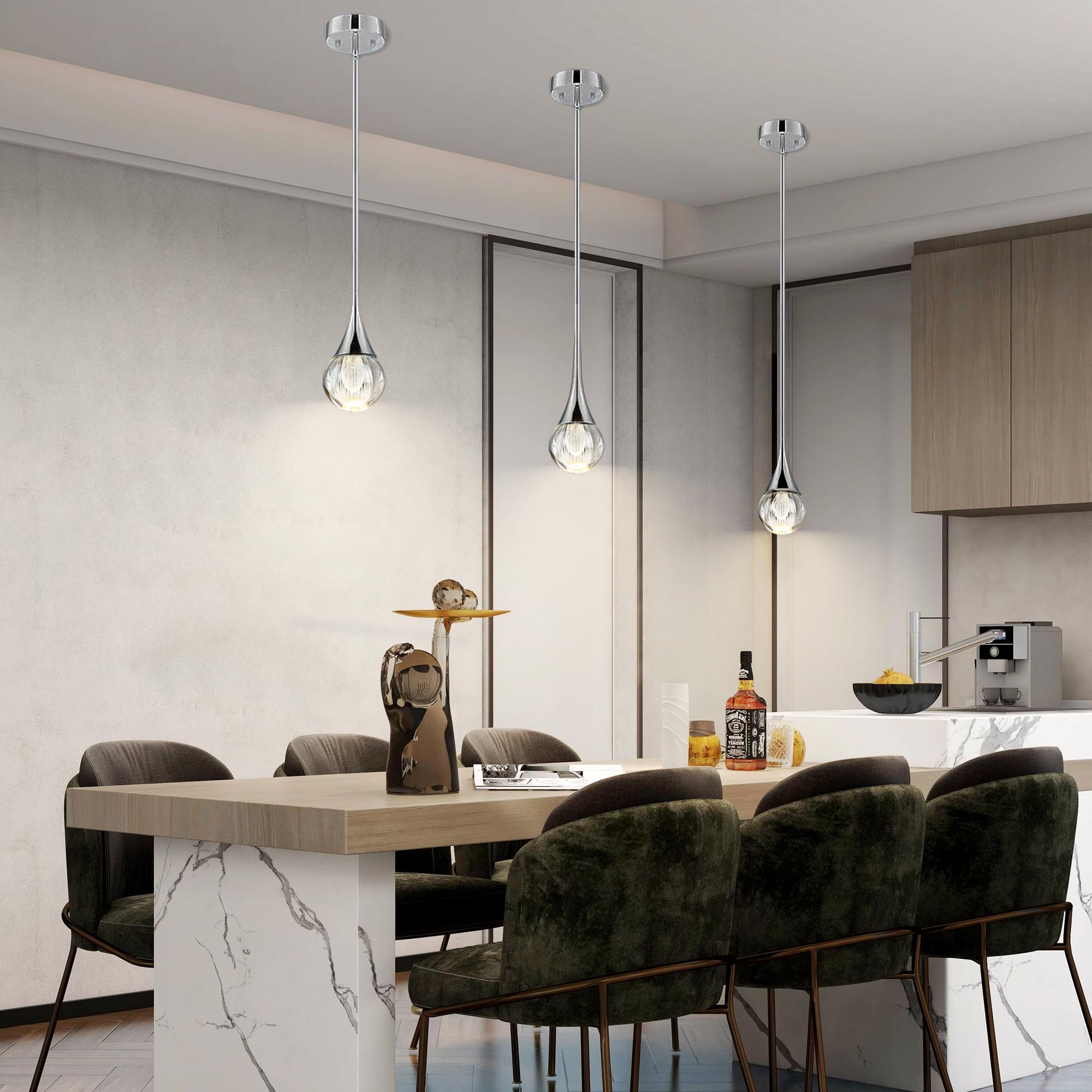 Eanloly 1-Pendant Lights Kitchen Island, Silver Globe Crystal Ceiling Hanging Light Fxitures, Led Raindrop Light Fixtures Metal
