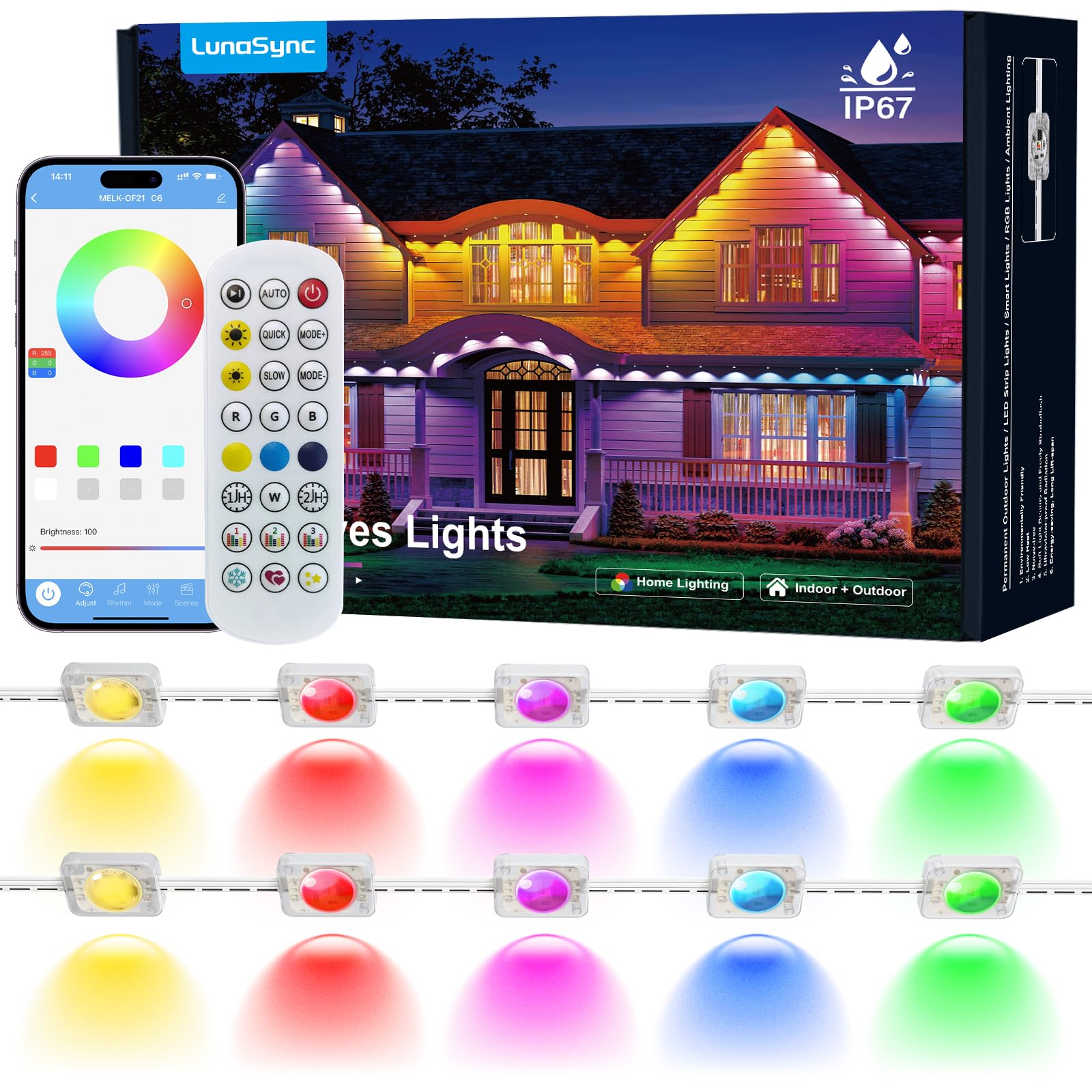 LunaSync Permanent Outdoor Lights, 150ft RGBIC Smart LED Eaves Lights with App & Remote Control, IP67 Waterproof, 50 Scene Modes