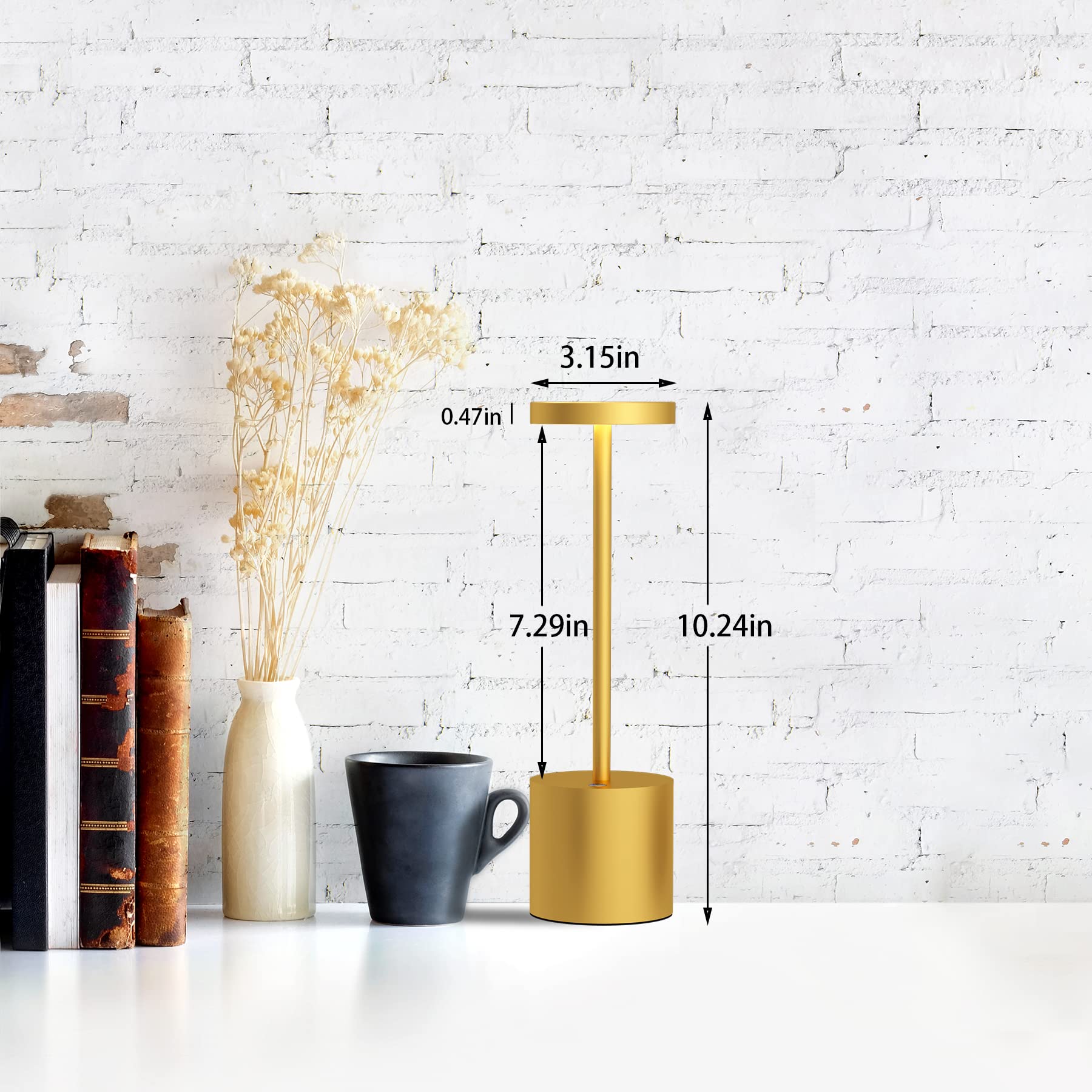 Tbbga Led Cordless Table Lamp - Portable Rechargeable, 2 Level Dimmable, Gold Aluminum, Ideal For Home Office/Outdoor Use