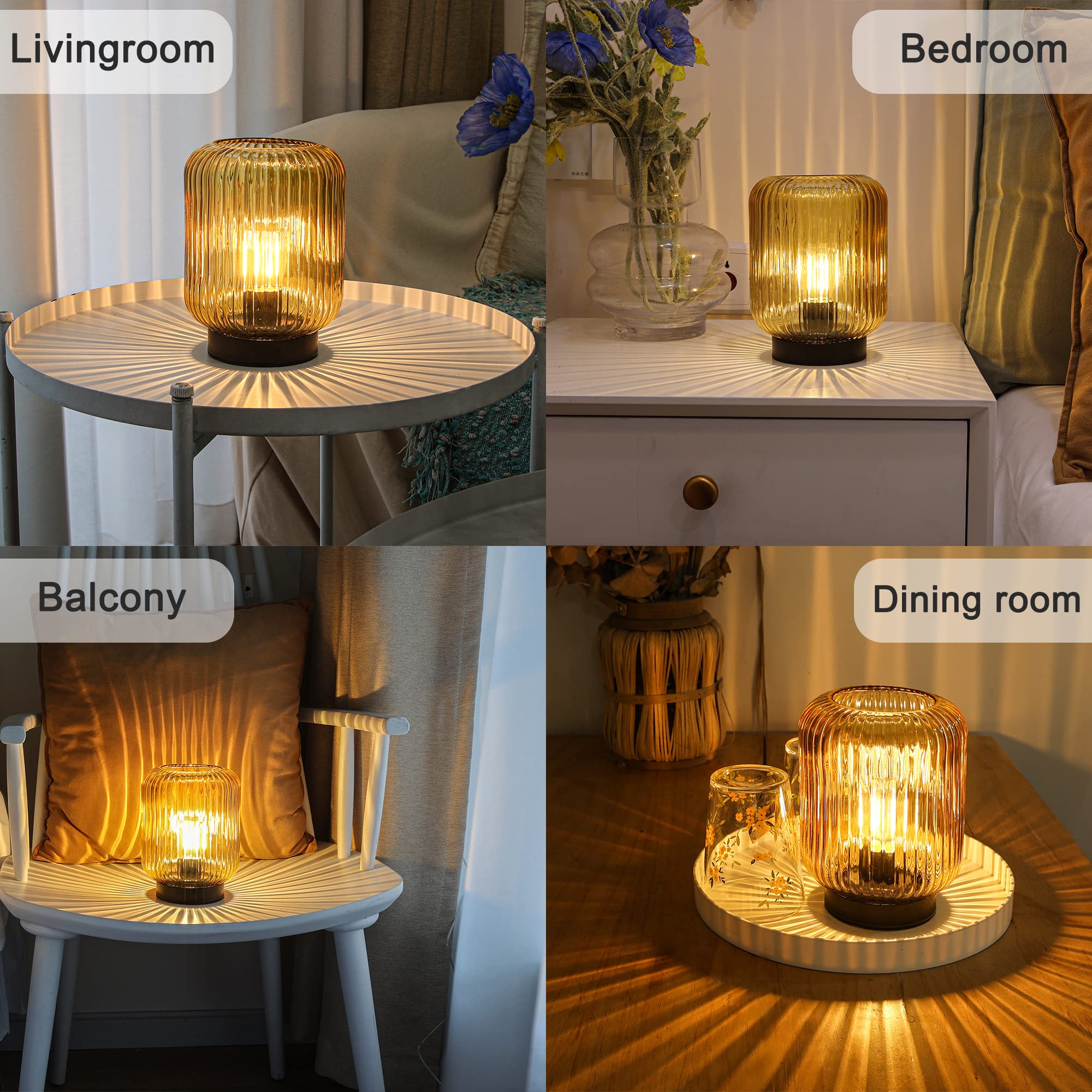 LUSHARBOR Battery Operated Table Lamp, LED Nightlight, Decorative Glass, Gold
