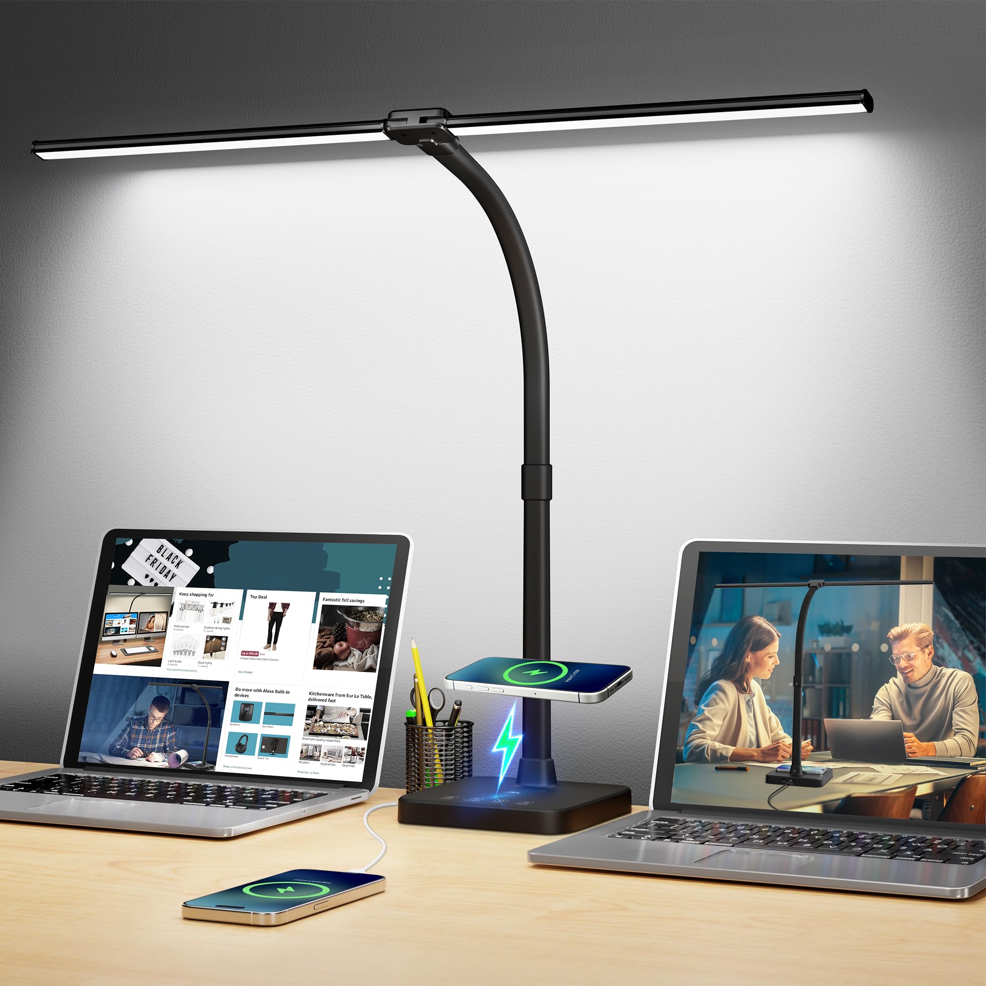 ShineTech LED Desk Lamp, 24W Double Head, Wireless Charging, USB Port, Adjustable Gooseneck, Black, Model U19TT
