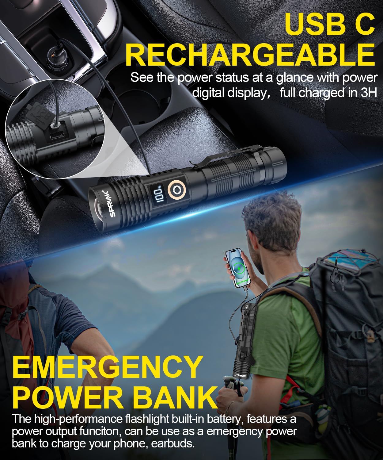 Spriak Rechargeable Flashlight K2301-Digital-1, Super Bright, Waterproof, Dimmable, Black, Pocket Size, High Lumens