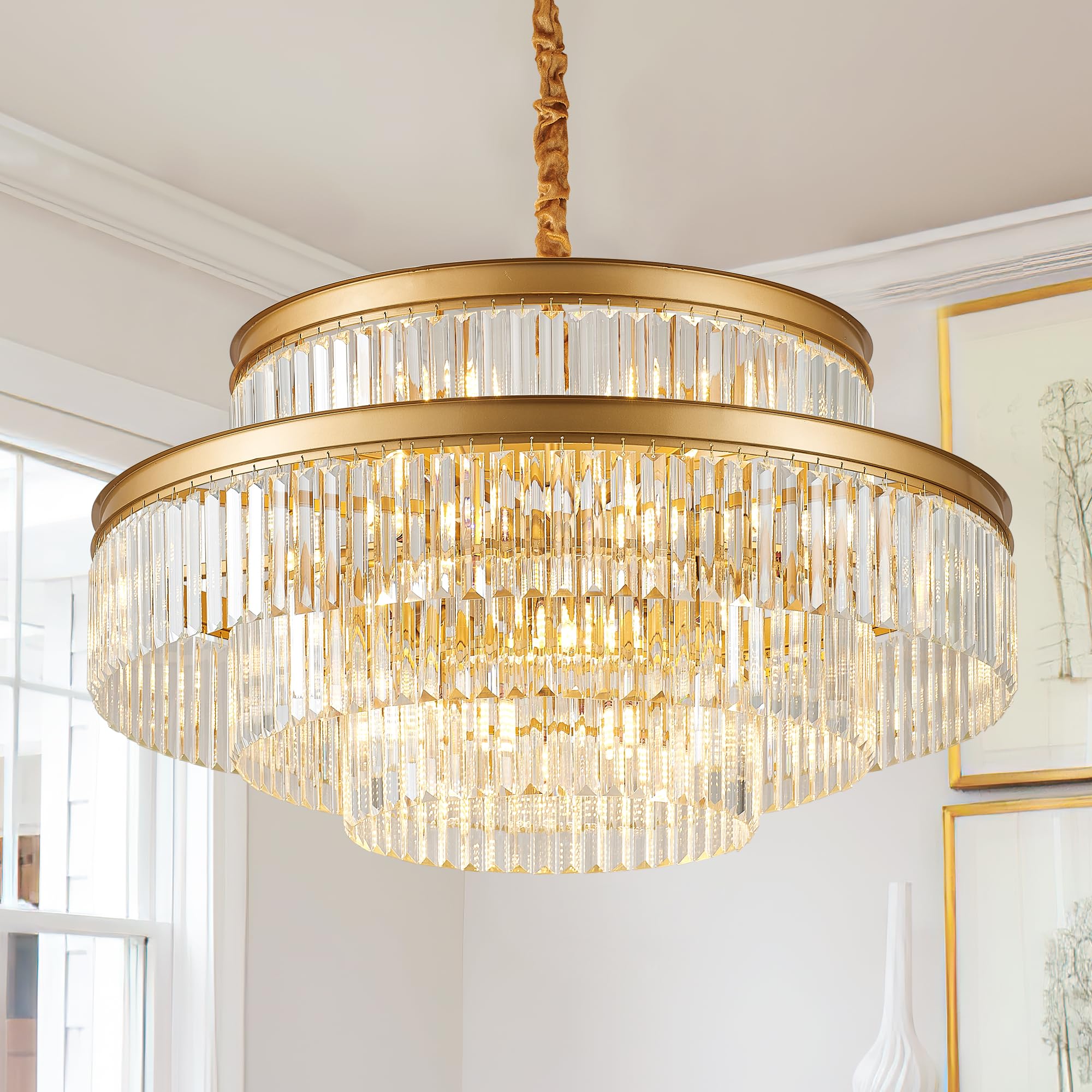 Brfaixla 31.5 18-Light Modern Crystal Chandelier Light Fixture Large 4-Tier Gold stylish Glam Chandeliers For Dining Room Round Hanging Pendant Lighting For Living Room Kitchen Bedroom Foyer Lobby