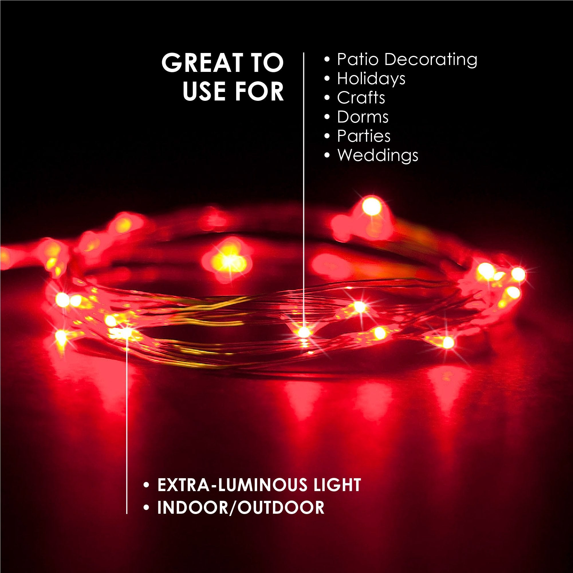 RTGS 2 Sets 20 LED Red String Lights, Silver Wire, 6.5 ft, Battery Powered for Indoor/Outdoor Use
