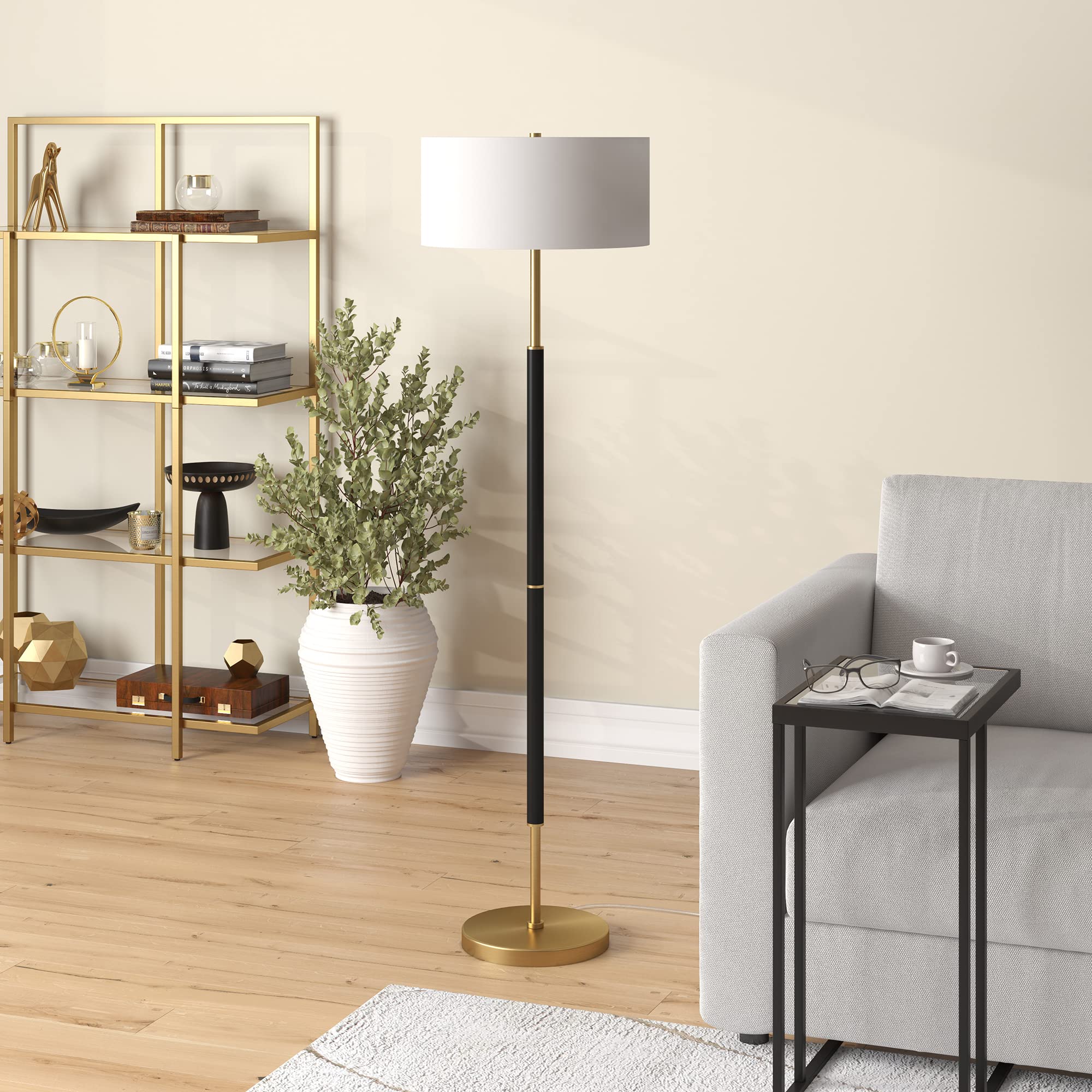 Henn&Hart 2-Light Floor Lamp, Matte Black/Brass Shade, 61&quot; Tall For Home Office & Living Room