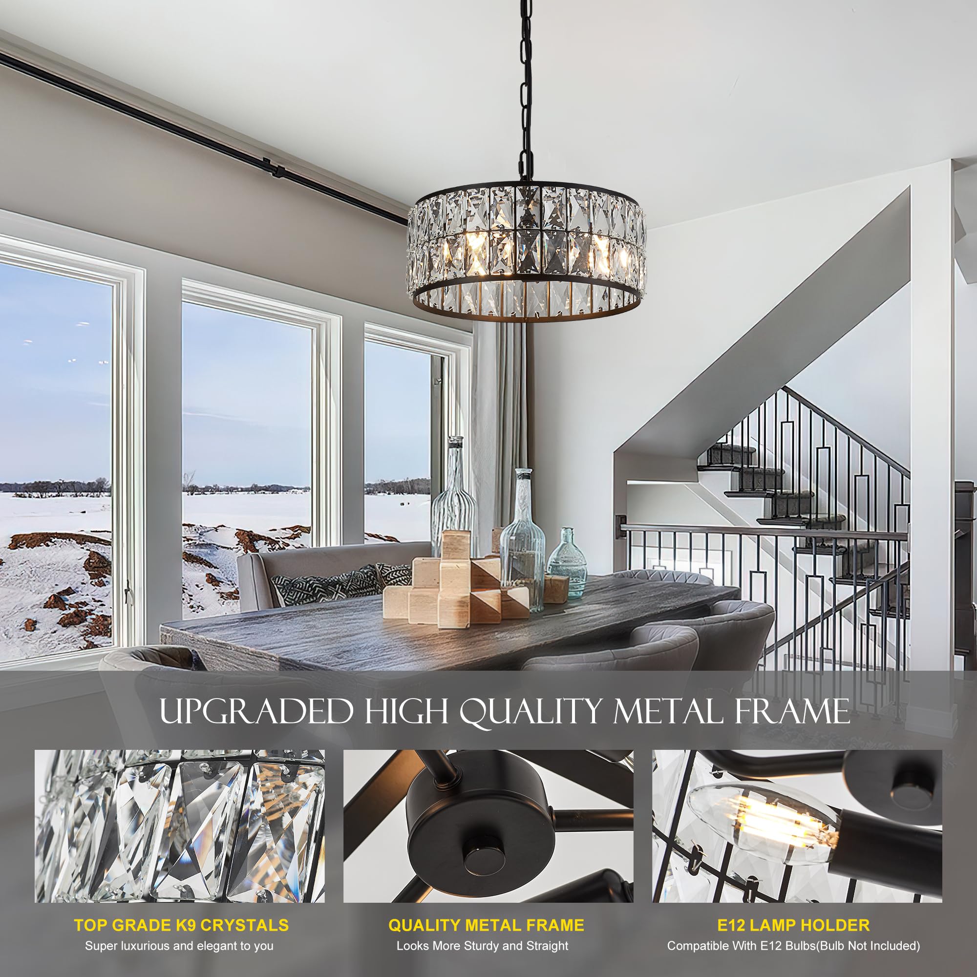 Salaiwei 12    3-Light Modern Crystal Chandeliers Black Dinning Room Light Fixture, Round Pendant Light Kitchen Island Chandelie