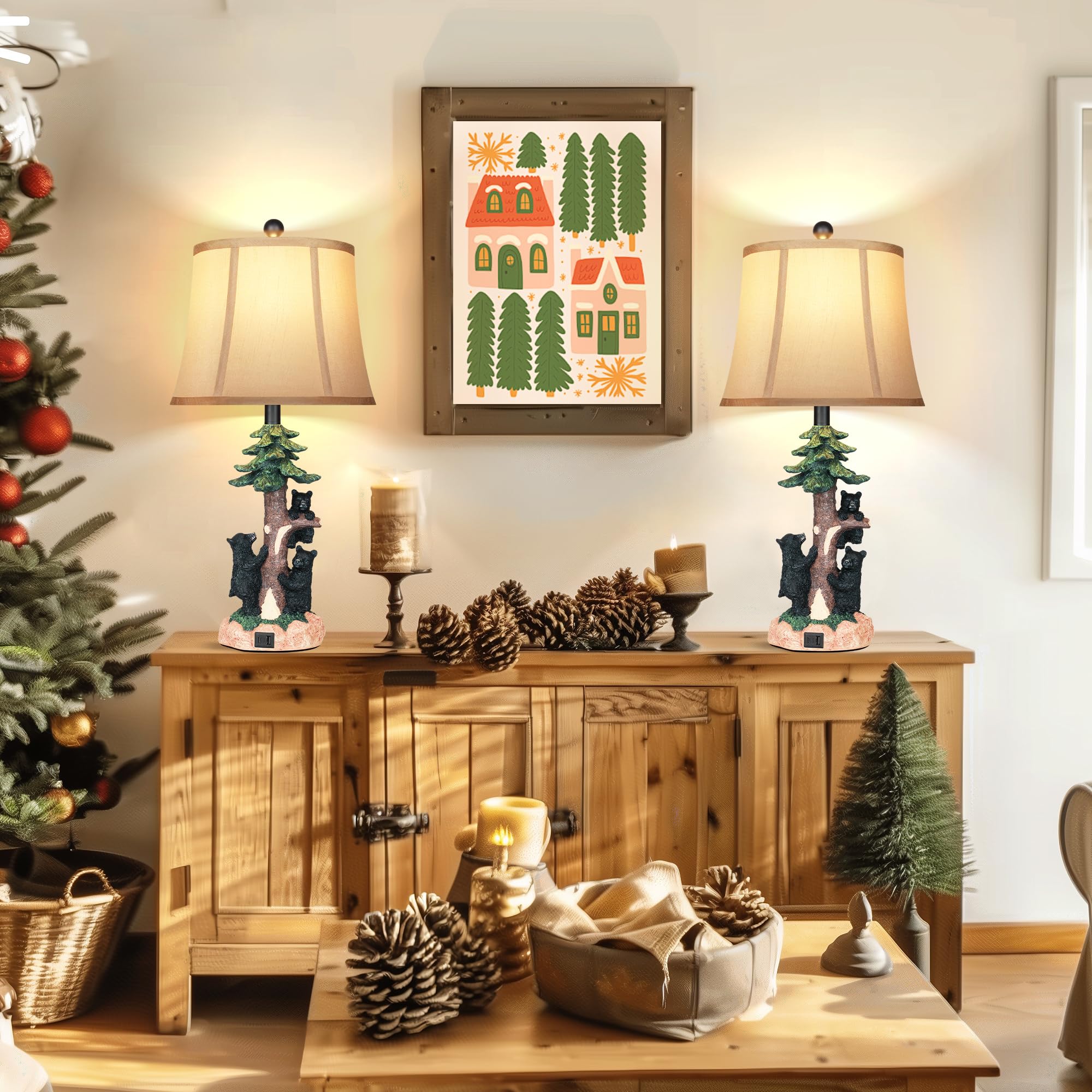 Hamucd Rustic Farmhouse Climbing Bear Table Lamps Set Of 2 For Living Room With Usb A+C,Bedroom Accent Tree Nightstand Lamps For