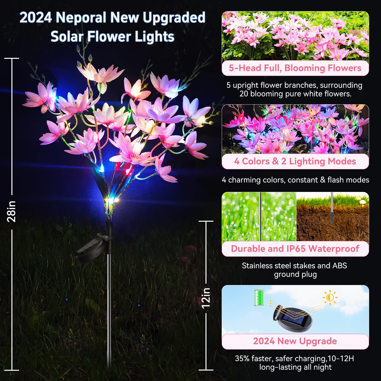 Neporal Solar Garden Lights, 5-Head Snow Lotus, Waterproof IP65, 4 Packs, Pink, PVC