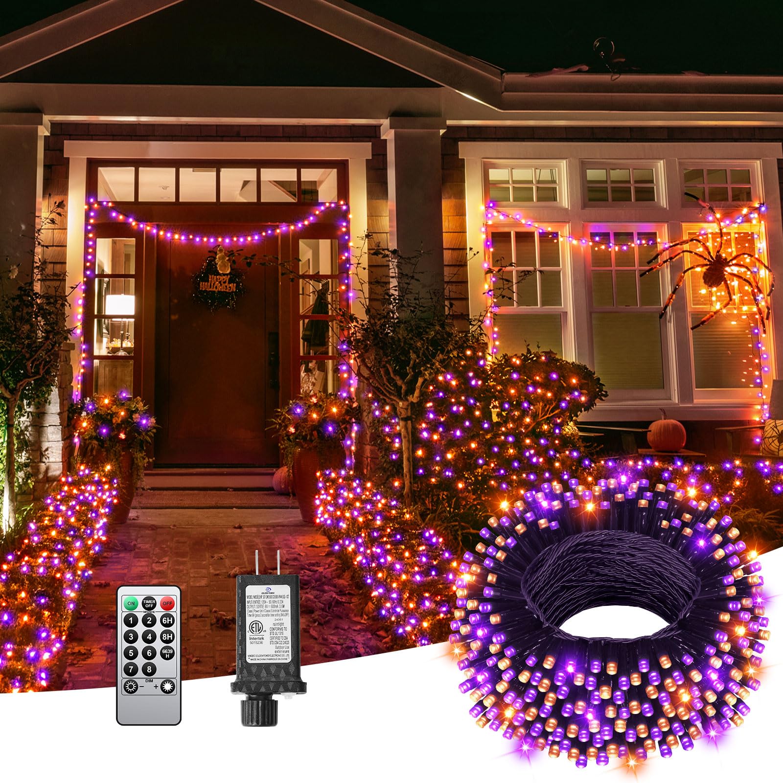 JIXXULVU Halloween String Lights, 125FT 380LED, Waterproof Black Wire, 8 Modes, Timer, Purple & Orange