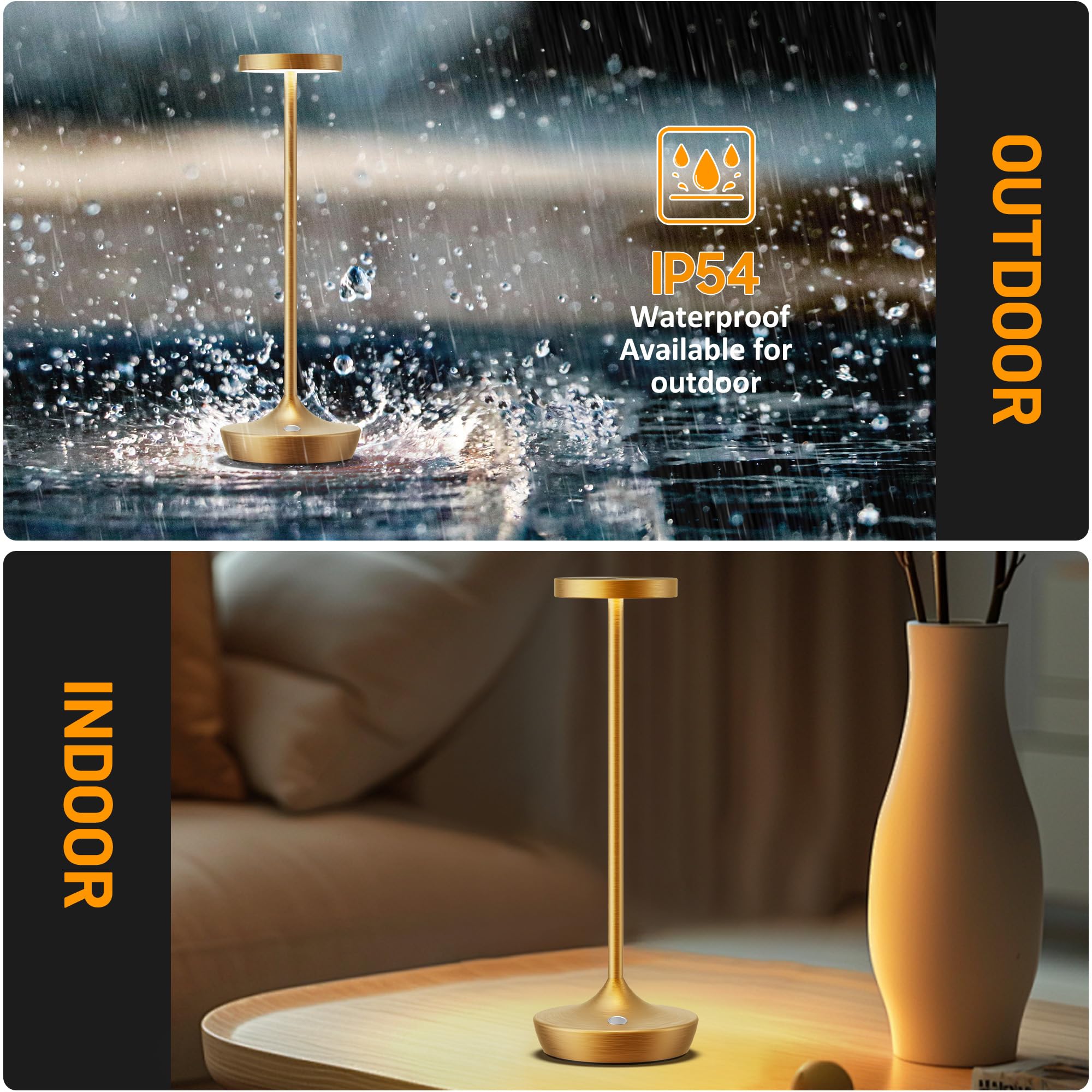 YHT Cordless Table Lamp, Rechargeable LED Desk Lamp, Waterproof 3-Color Touch, Gold 2P, Model X86