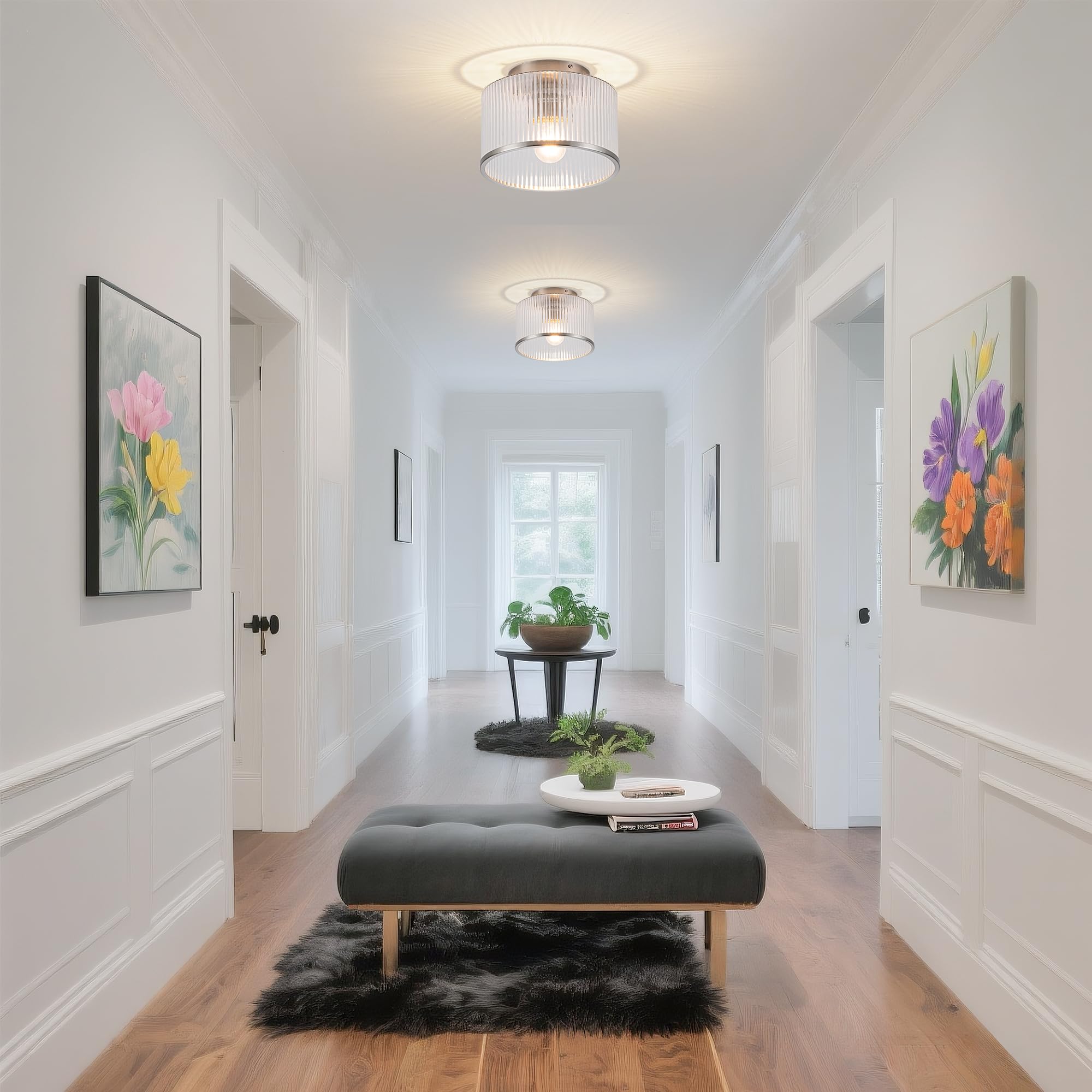 Mayna Modern Nickel Semi Flush Mount Ceiling Light Fixture, 1-Light Glass Ceiling Light, Hallway Light Fixtures Ceiling Mount Fo