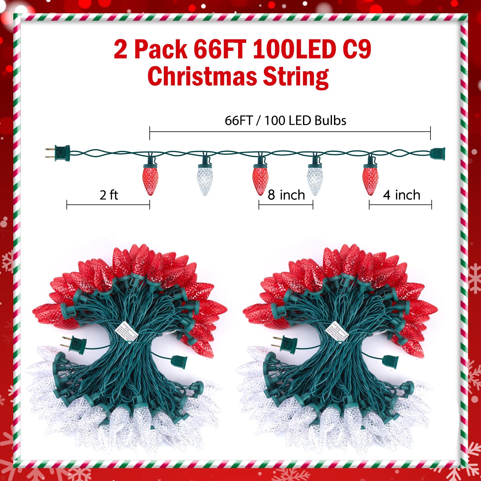 Brightown C9 LED Christmas String Lights, 132ft, 200 LEDs, Waterproof, Red and White, Connectable for Outdoor Holiday Decor