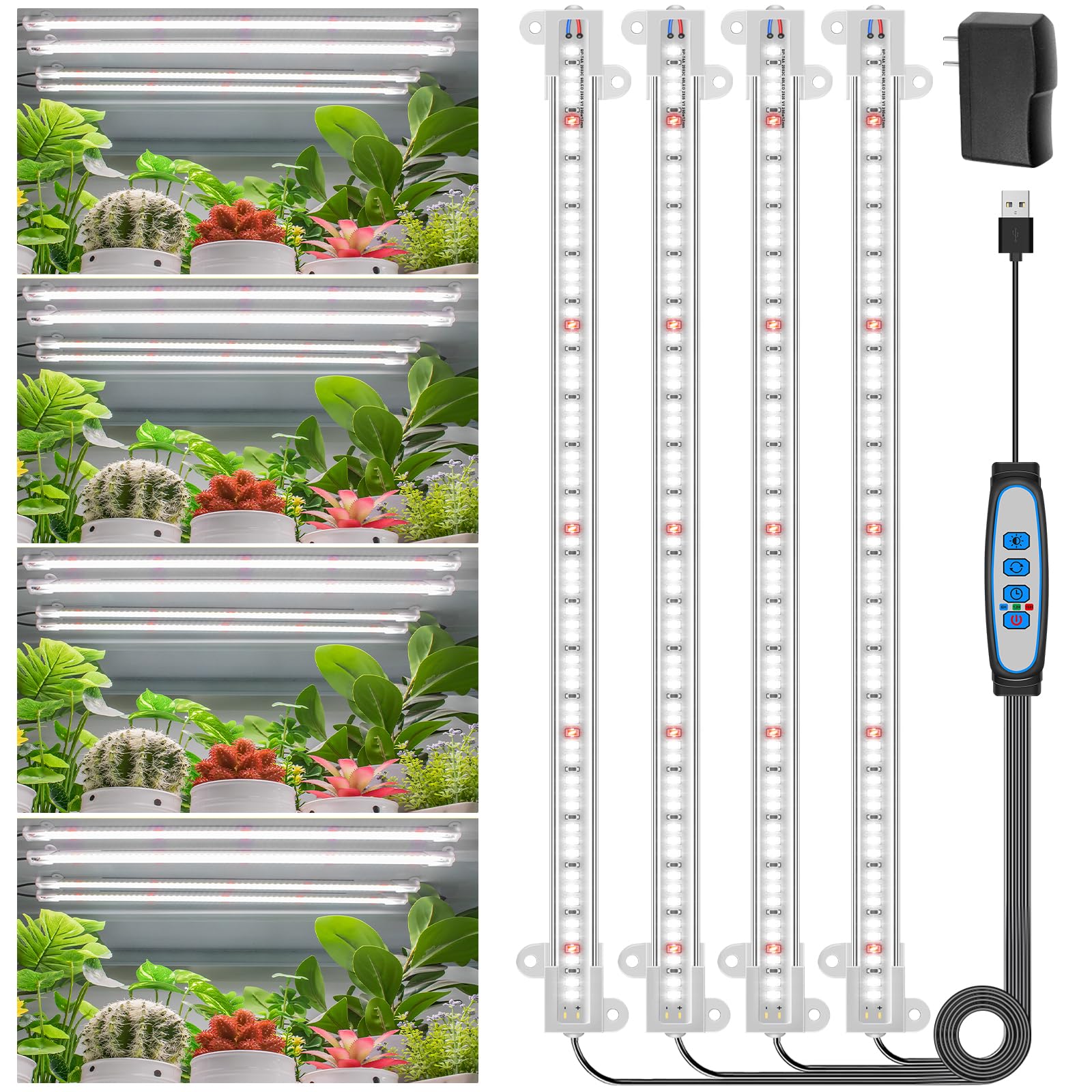 Wiaxulay LED Grow Light Strips, Full Spectrum 6000K, 5 Dimmable Levels, Auto Timer, 4 Bars, Model BL-J20B, 1 Pack