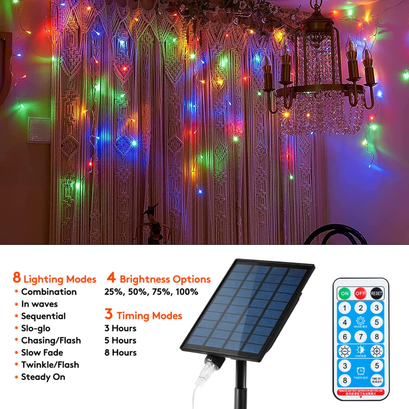 KiflyTooin Solar Powered Christmas Lights, 320 LED, 29.5ft, Waterproof Curtain Lights, Multicolor, Model GP-SW290DC0209-IP44