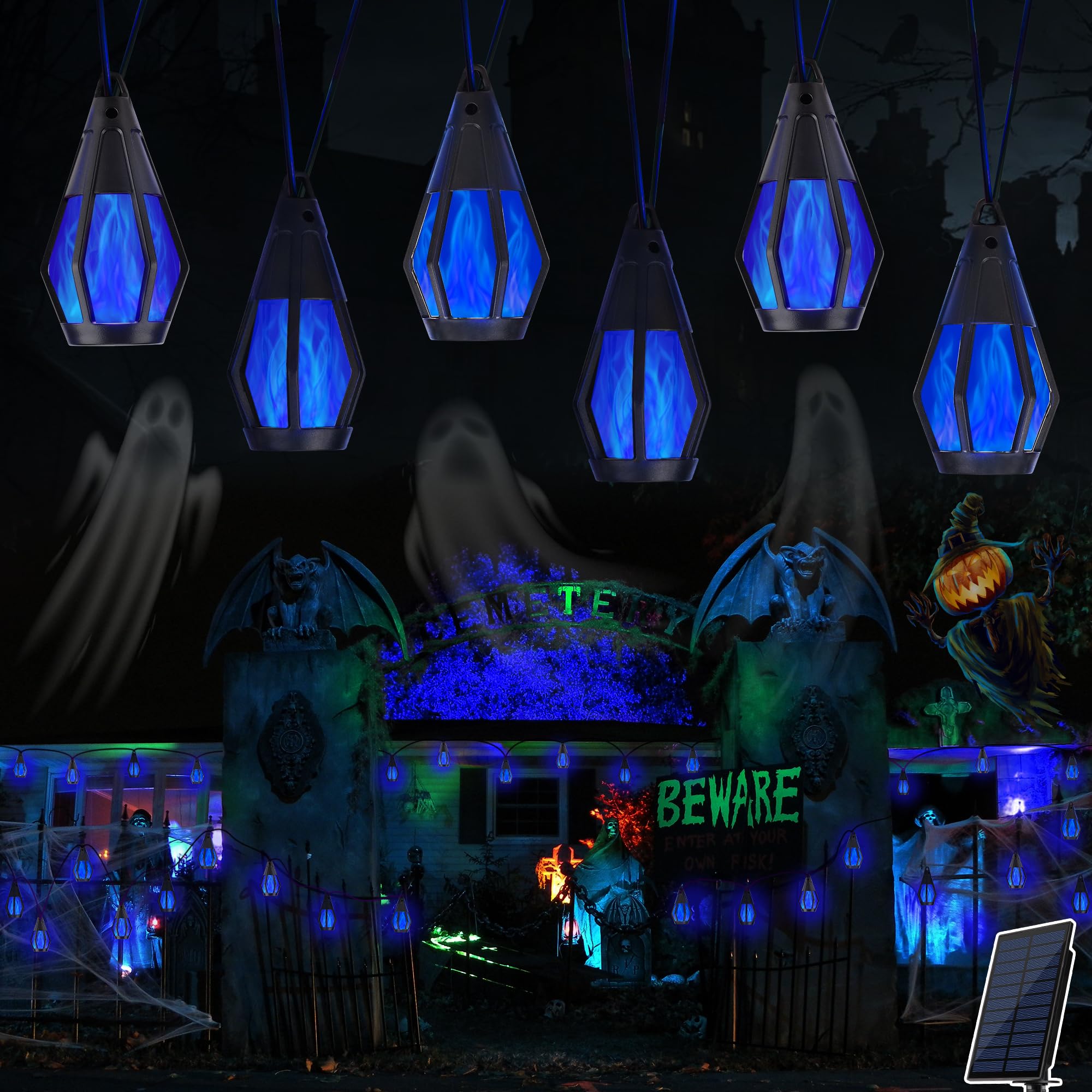 Solar String Lights for Outside, 33Ft Solar Patio Lights with 15 Flickering Flame Light Bulbs, Waterproof Blue Solar Powered Out