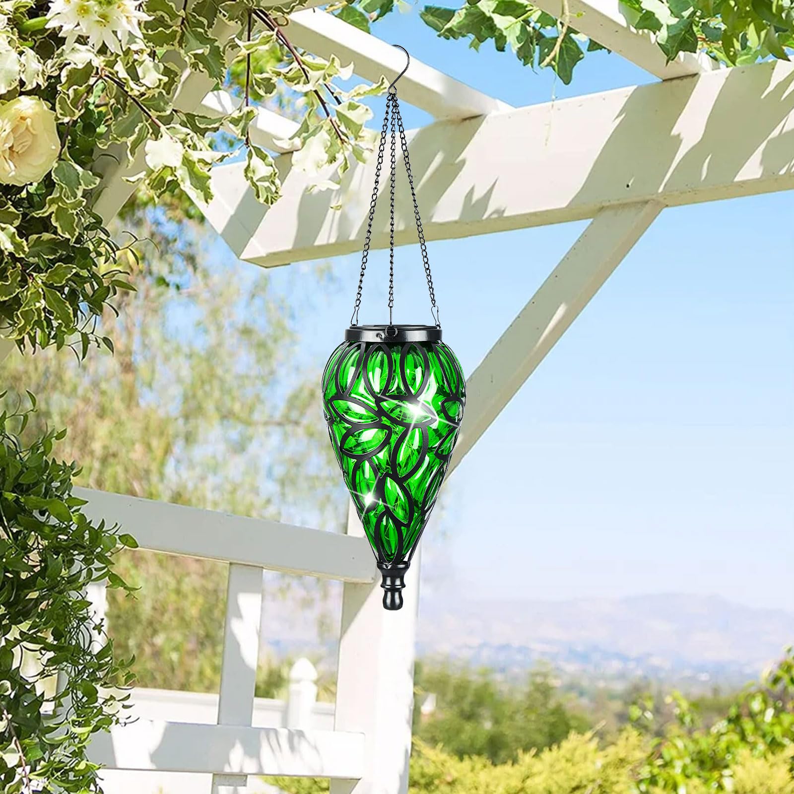 LEWIS&WAYNE Solar Hanging Lantern, 15 LEDs, Cool White Light, Green, Tear-Shaped, Outdoor Decor for Garden and Pathway