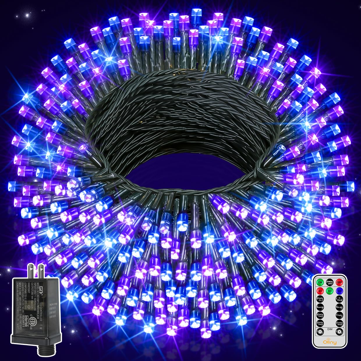Ollny Halloween String Lights, 400LED, 131FT, Blue & Purple, 8 Modes, Waterproof, Indoor/Outdoor Decor, Model HG-29V416C