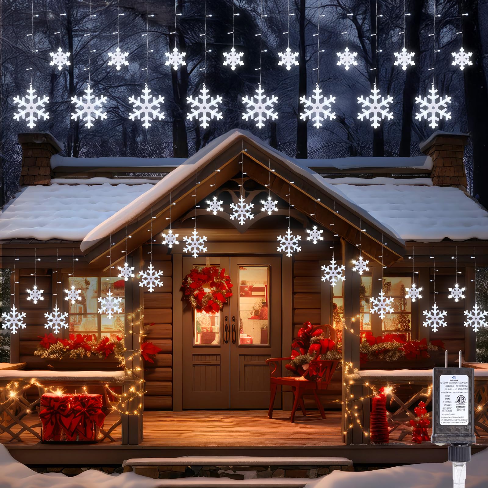Brightown Christmas Snowflake Lights Outdoor - 13FT 192LED Snowflake String, 16 Drops, 12 Modes, Timer, IP65 Waterproof, Connect