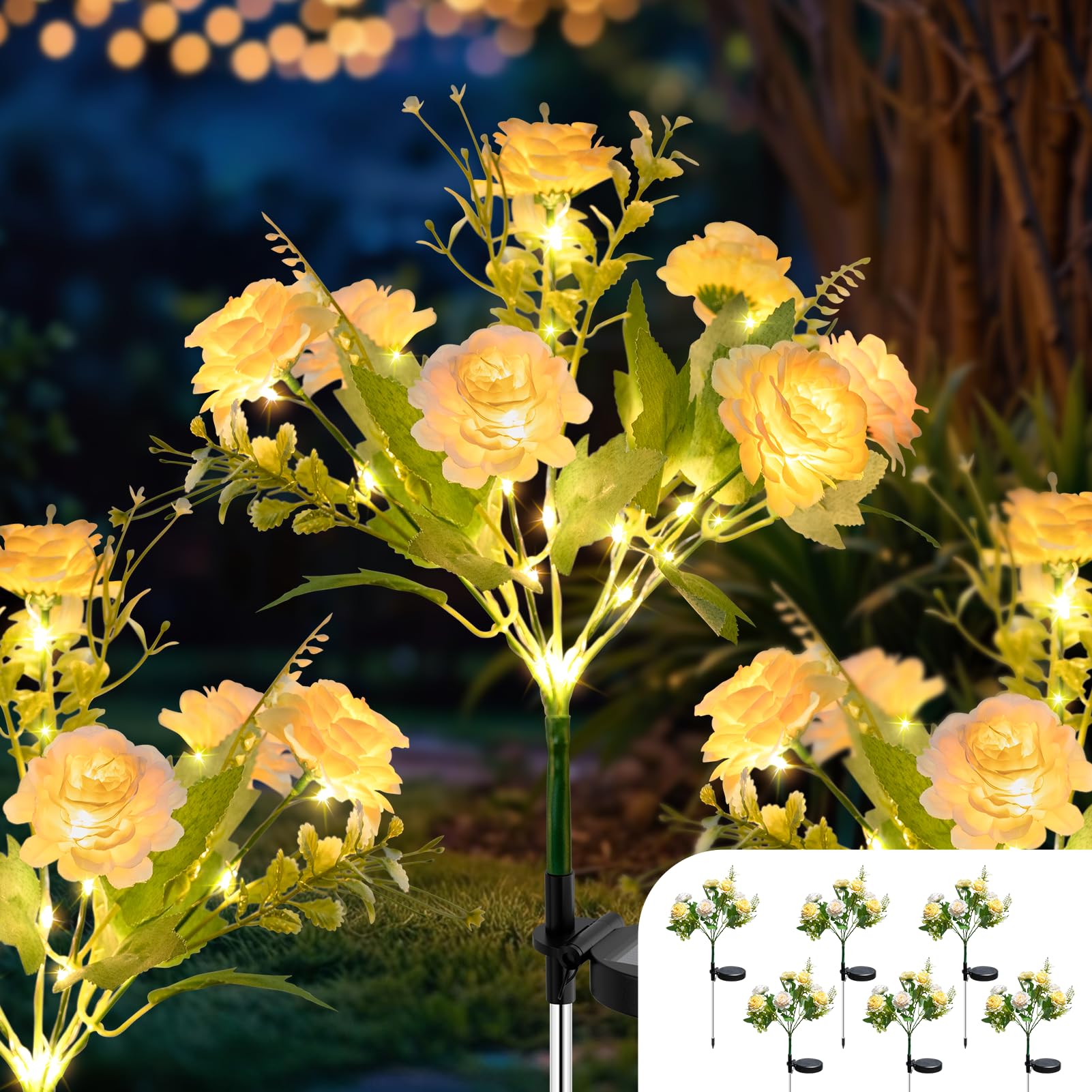 TopVelo Solar Garden Light 6 Packs, 42 LEDs Outdoor Solar Lighting with Hibiscus Flowers, Waterproof Outdoor Garden Light for Pa