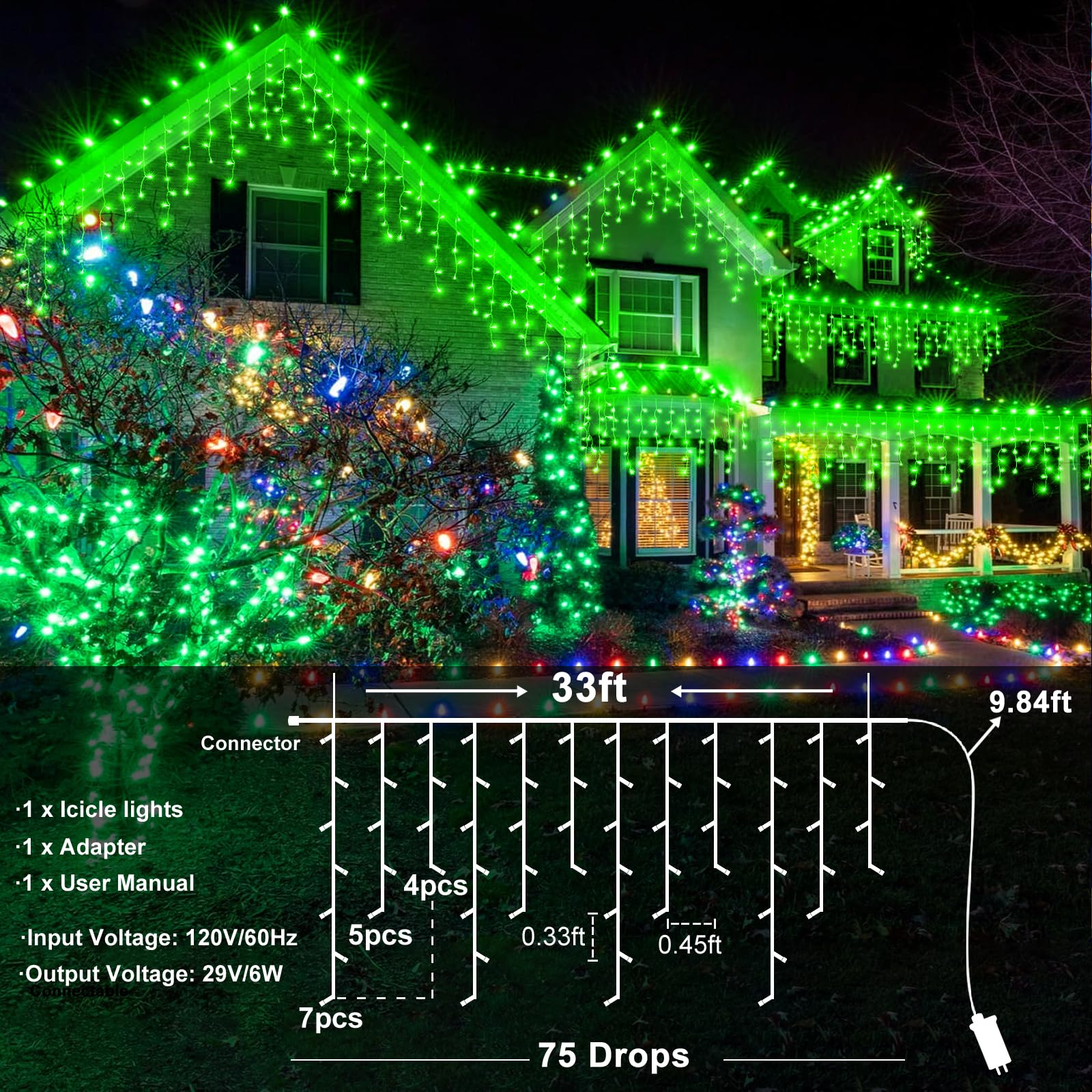 33Ft Green Christmas Lights Outdoor, 400 Led Icicle Lights For Outside, Plug In Twinkle Lights Indoor With 8 Modes Timer Connect