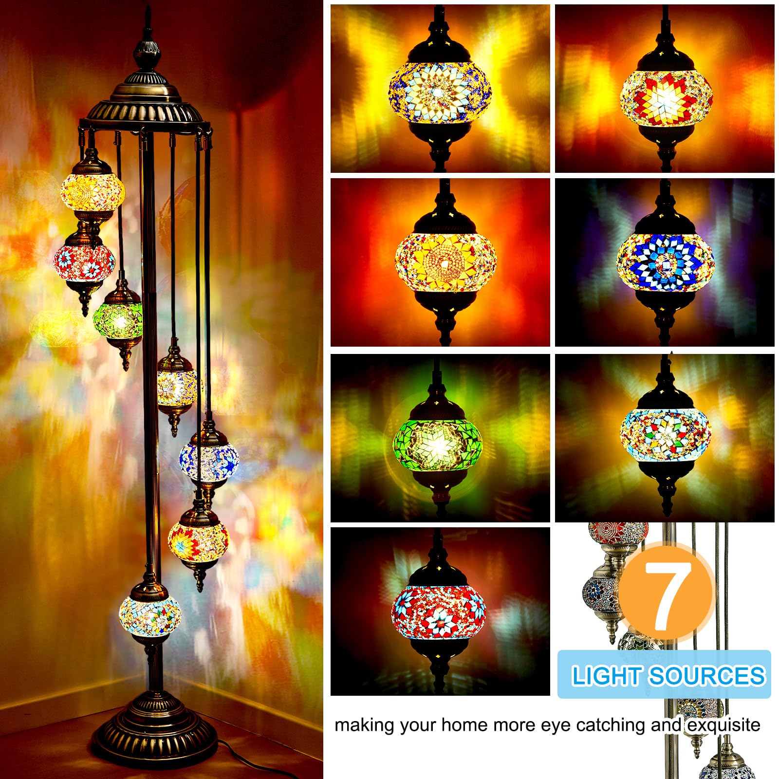 Hortsun Moroccan Floor Lamp - Handmade Colorful Globe Design, Metal, Model WA-23-2, Bohemia Style for Home Decor