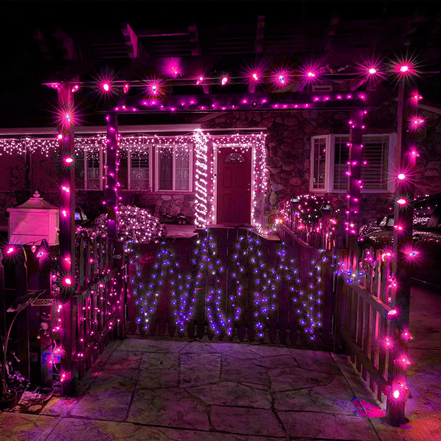 C9 Black Halloween String Lights, 25Ft Outdoor Patio String Lights With 26 Black Light Purple Bulbs(1 Spare), Hanging Backyard L