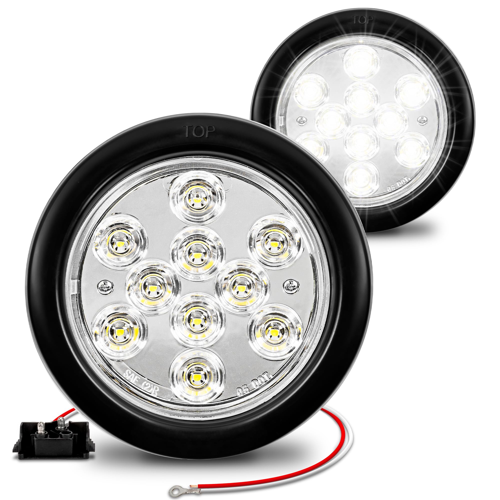 True Mods 2Pc 4'' Round Clear White 10 Led Trailer Tail Lights [Dot Fmvss 108] [Sae (2) R] [Grommet & Plug] [Ip67 Waterproof] Re