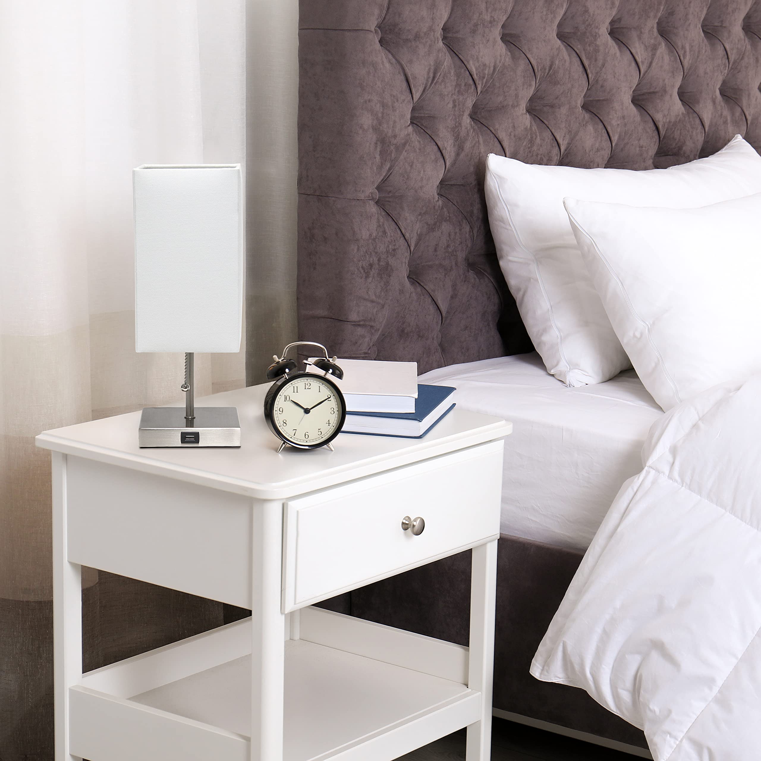 Simple Designs Lt1087-Wht Petite Brushed Nickel Usb Charging Bedside Night Stand Table Lamp Pull Chain Switch, White