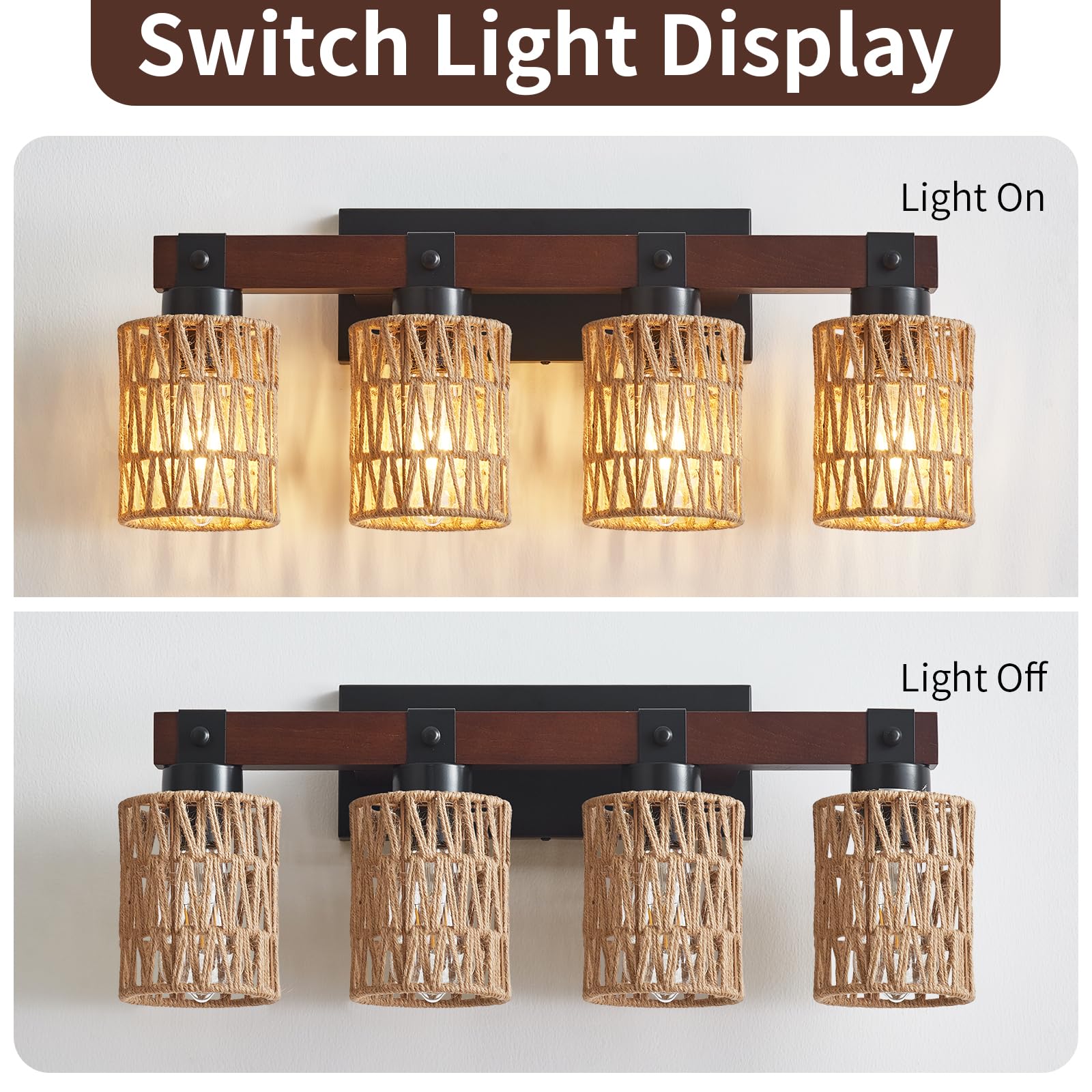 Aixialin 4-Light Rustic Wood Bathroom Vanity Light Fixture, Handmade Bamboo Woven Shade, Brown, Model 600-100-1095
