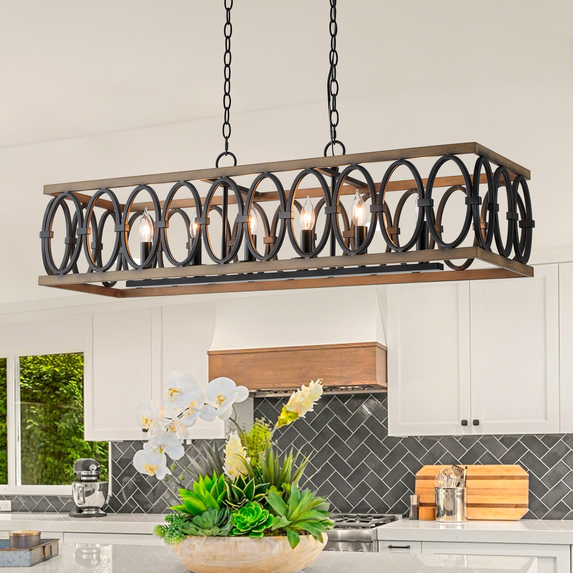 OSAIRUOS L39.4 Rustic Farmhouse Rectangle Chandelier for Dining Room Kitchen Island Lights Cage Pendant Light Fixture Black and 
