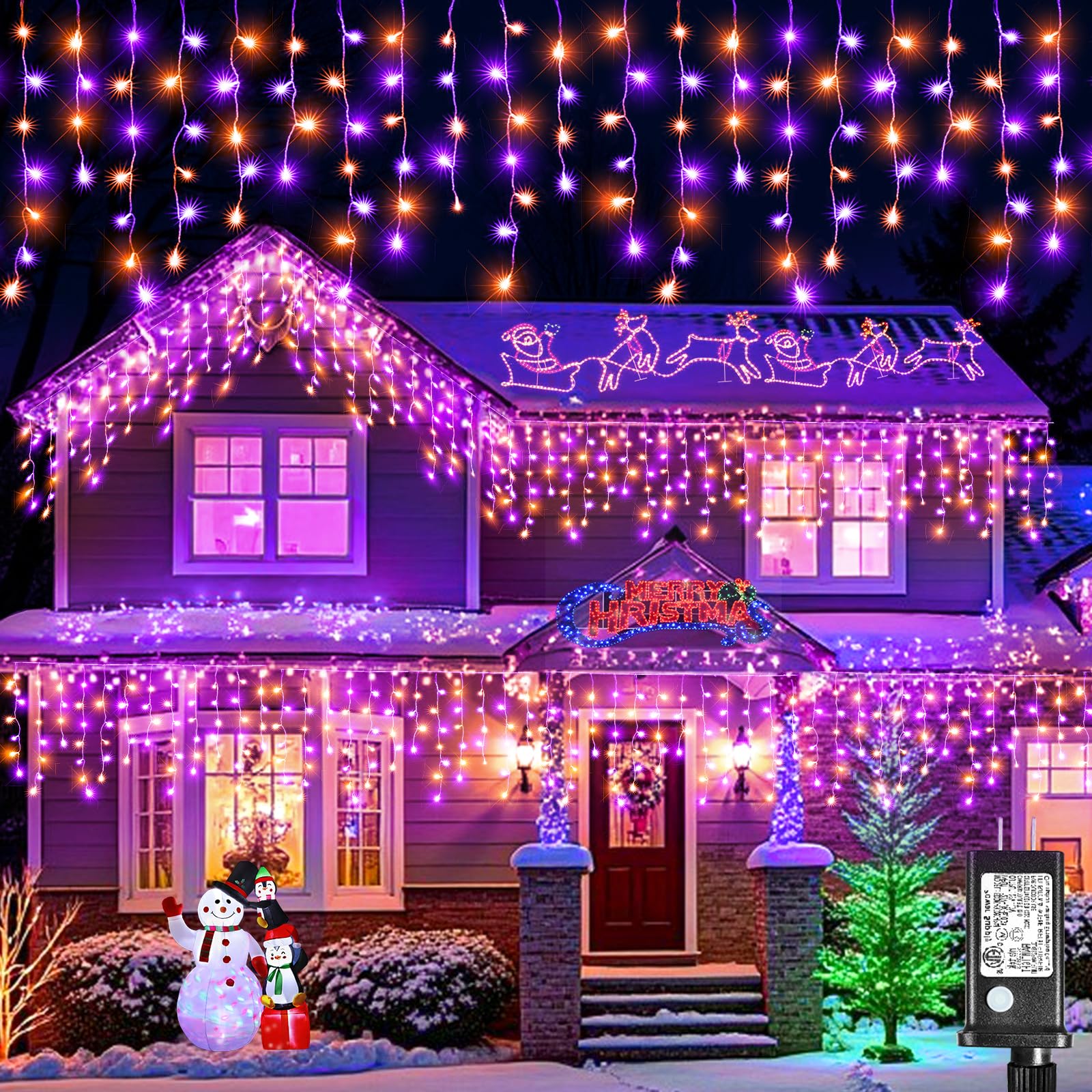 Xmasbokeh 66Ft 640 Led Christmas Lights Outdoor, Purple Orange Icicle String Lights With 8 Modes 120 Drops Waterproof, Plug In Curtain String Lights For Indoor House Room Patio Party Decorations