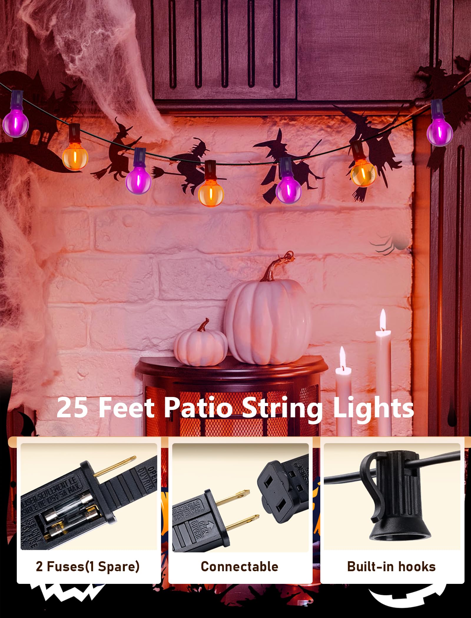 Abeja G40 LED String Lights, 25FT Orange Purple Outdoor Lights with 27 Shatterproof Bulbs, Perfect for Halloween Decor