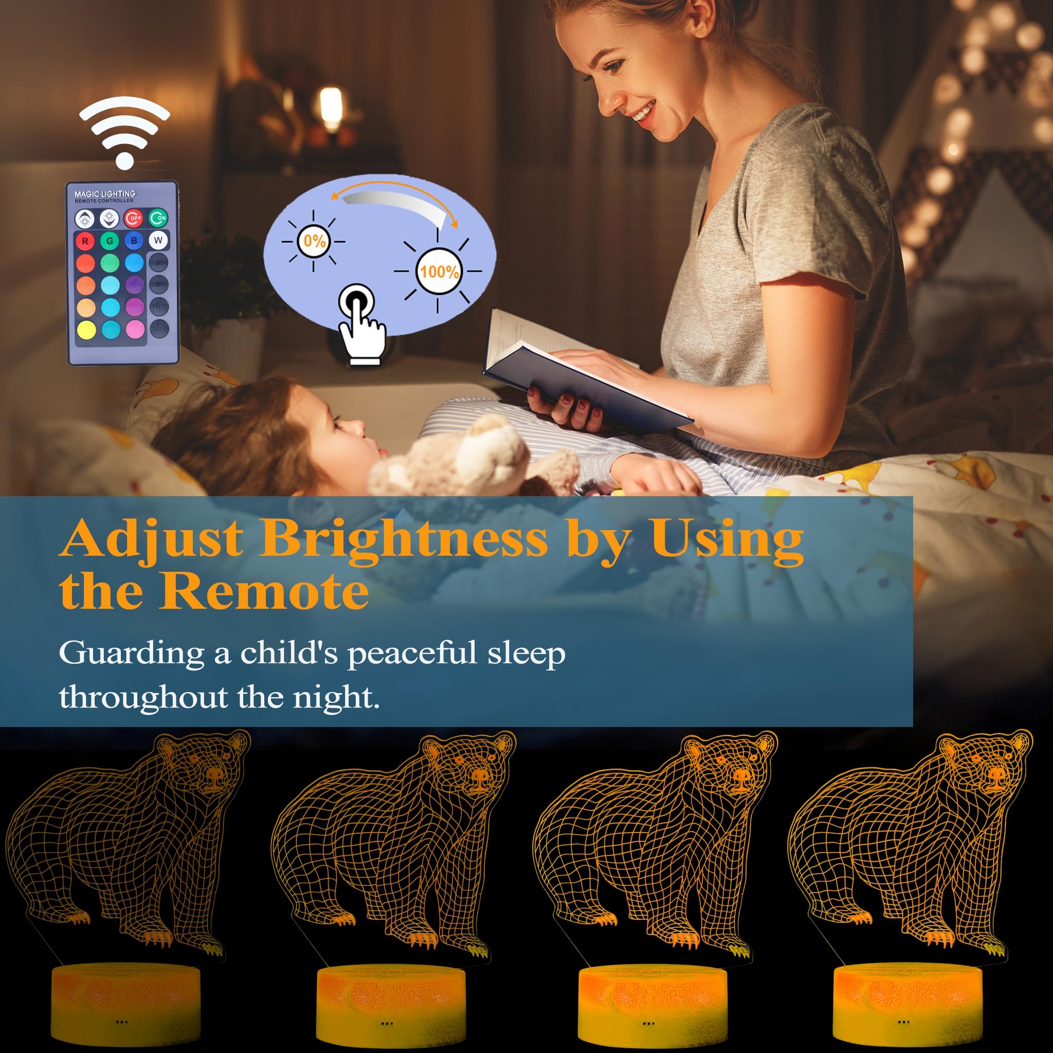 Posshe Polar Bear Night Light, 3D Illusion Lamp, Rgb16 Colors Changing, Remote Control, Dimmable, Kids Room Decoration, Xmas Bea