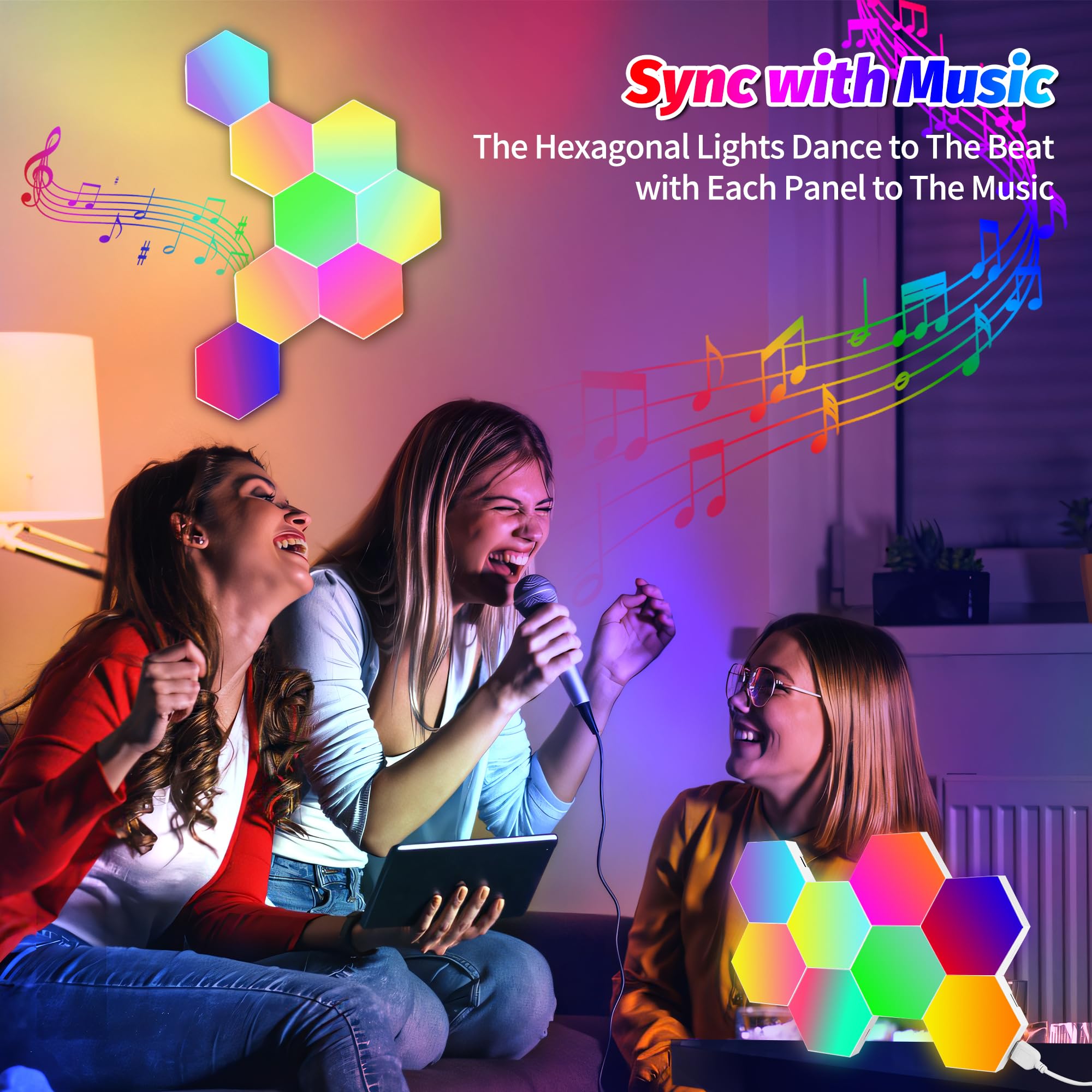 Hervika 8 Pack Diy Hexagon Led Lights, Music Sync Rgb Gaming Lights With App Smart Wall Lights For Bedroom Living Room Decor