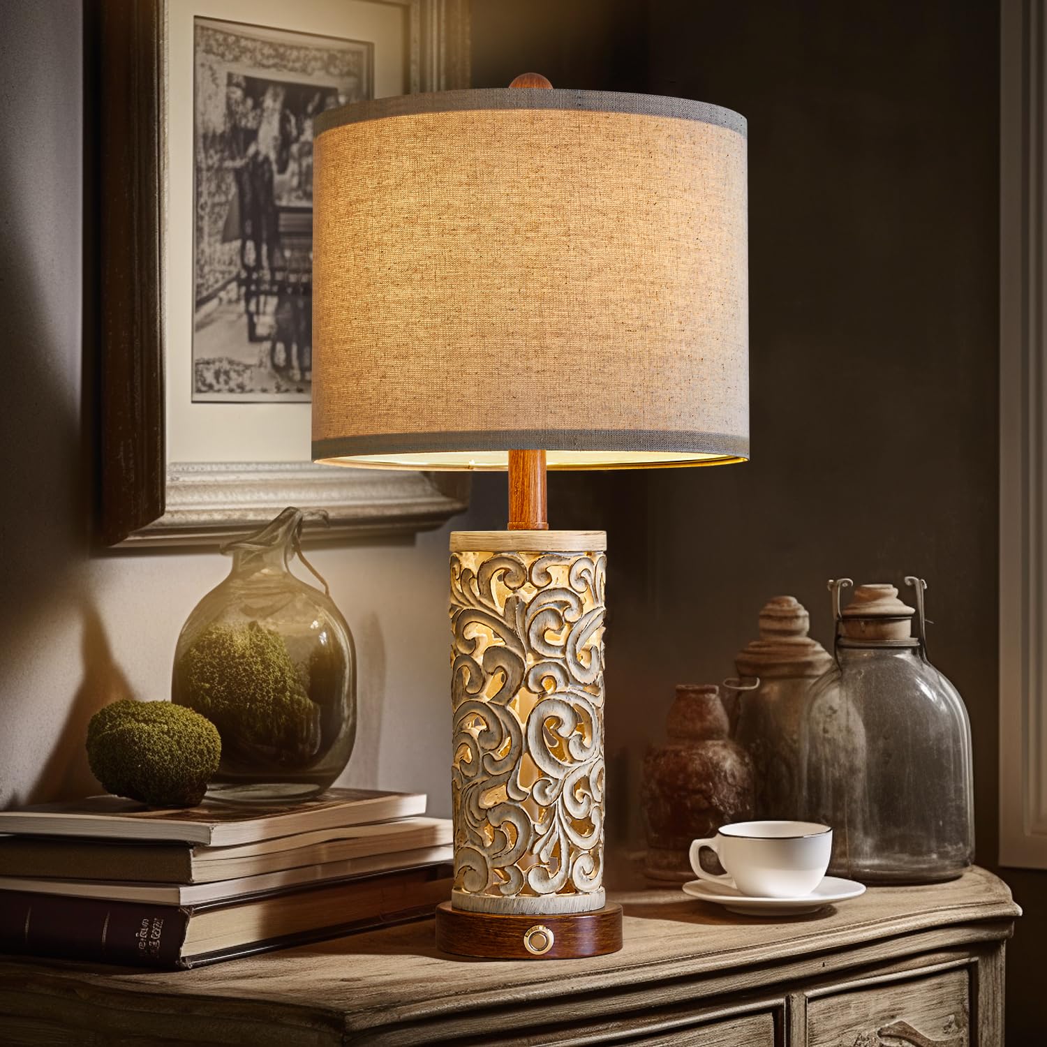 OYEARS 22'' 3-Way Dimmable Touch Control Table Lamp with Nightlight - Brown, USB A+C, Model AMZ-T1072BR-TU-1