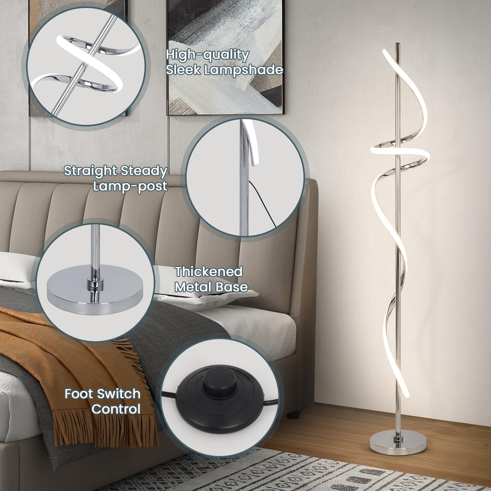 EIDISUNY Modern Floor Lamp - 60" Dimmable LED, Remote Control, Chrome, 48W, 3 Color Temperatures for Living Room, Bedroom, Home Office
