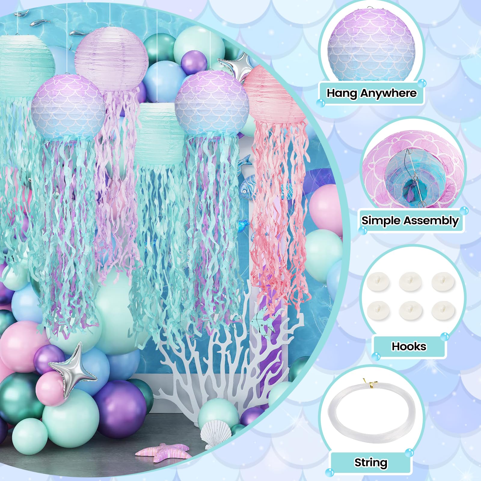 Jellyfish Paper Lanterns 6Pack,8 Inch Mermaid Birthday Decorations Pink Lavender Blue Mermaid Scales With String And Hooks,Hangi