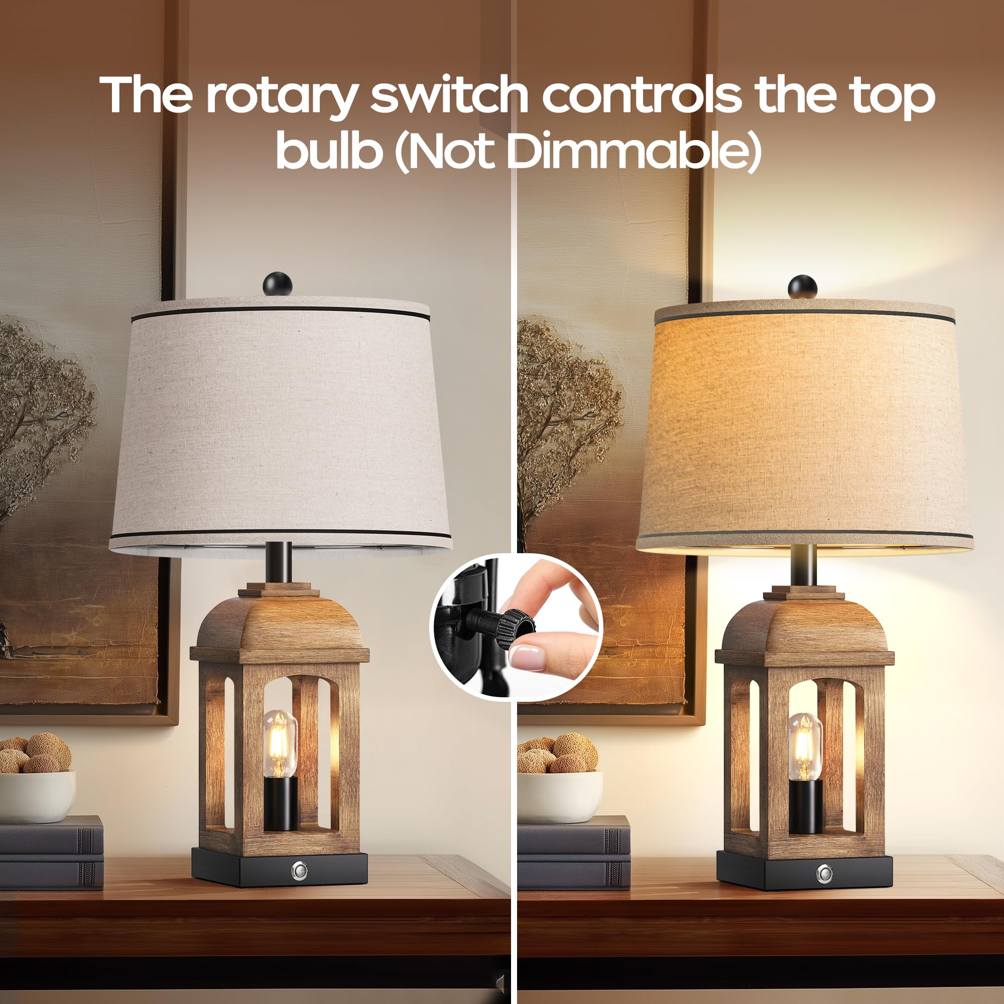 QiMH Rustic Table Lamp - 26" 3-Way Dimmable Touch Control Nightstand Lamp with USB A+C, Wood Grain, 1 Pack