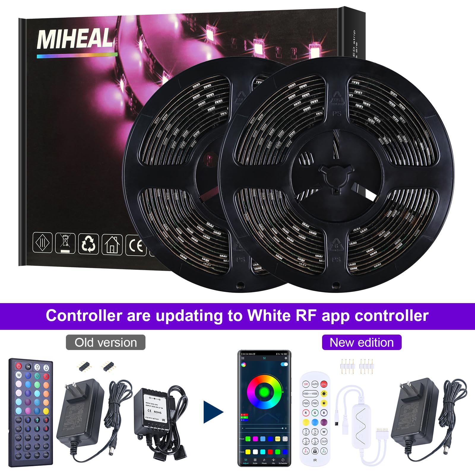 Miheal 32.8 Ft Led Strip Lights Kit, 300 Leds, Waterproof 5050 Rgb, With Rf Controller, For Home, Kitchen, And Bedroom Decoration
