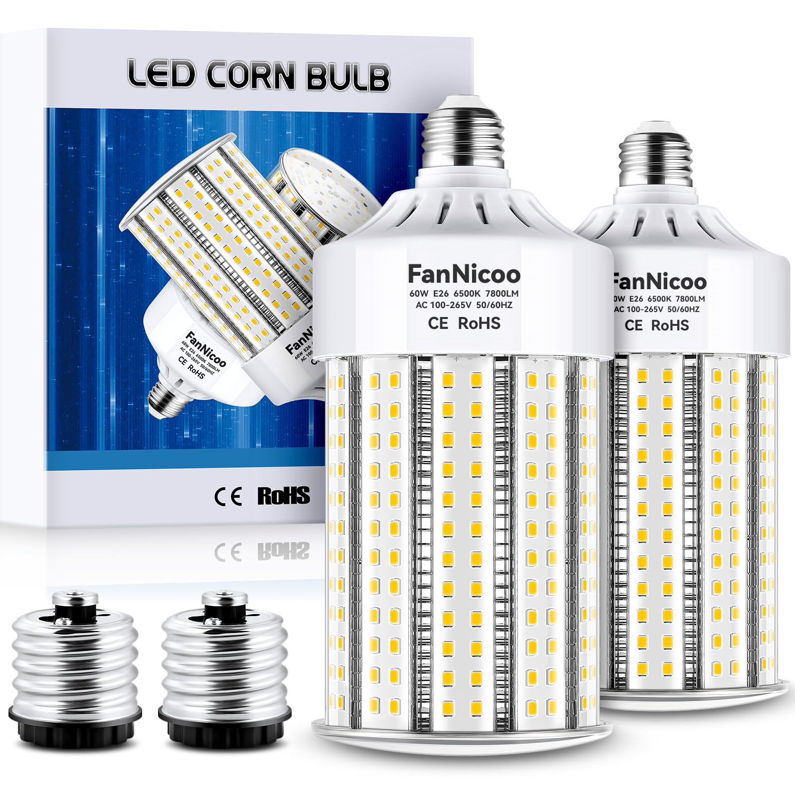 2 Pack 800W Equivalent Led Corn Light Bulb 7800 Lumen Led Bulbs 60W Super Bright 6500K Daylight White E26/E39 Base Corn Light Bu